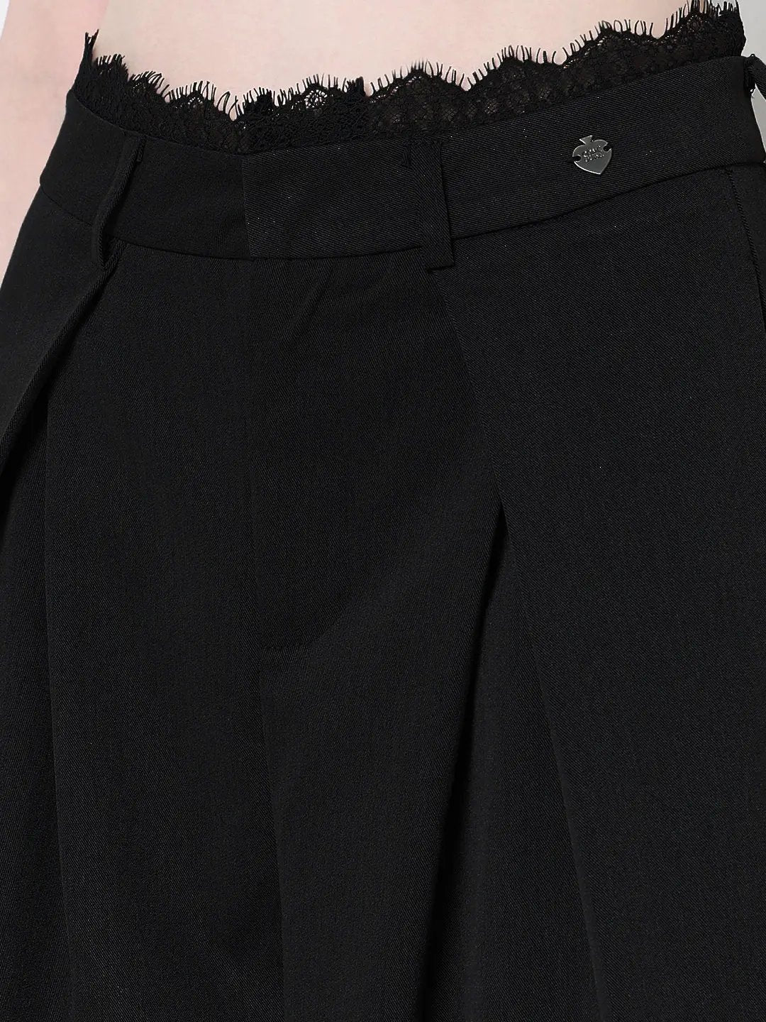Women's Black Wide Leg Formal Trousers with Lace Trim Detail - from SHOWOFFFF