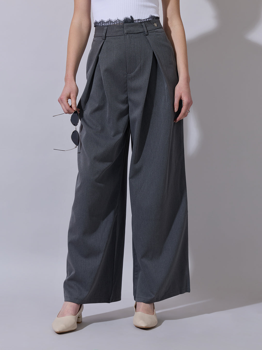 Women's Grey Wide Leg Formal Trousers with Lace Trim Detail