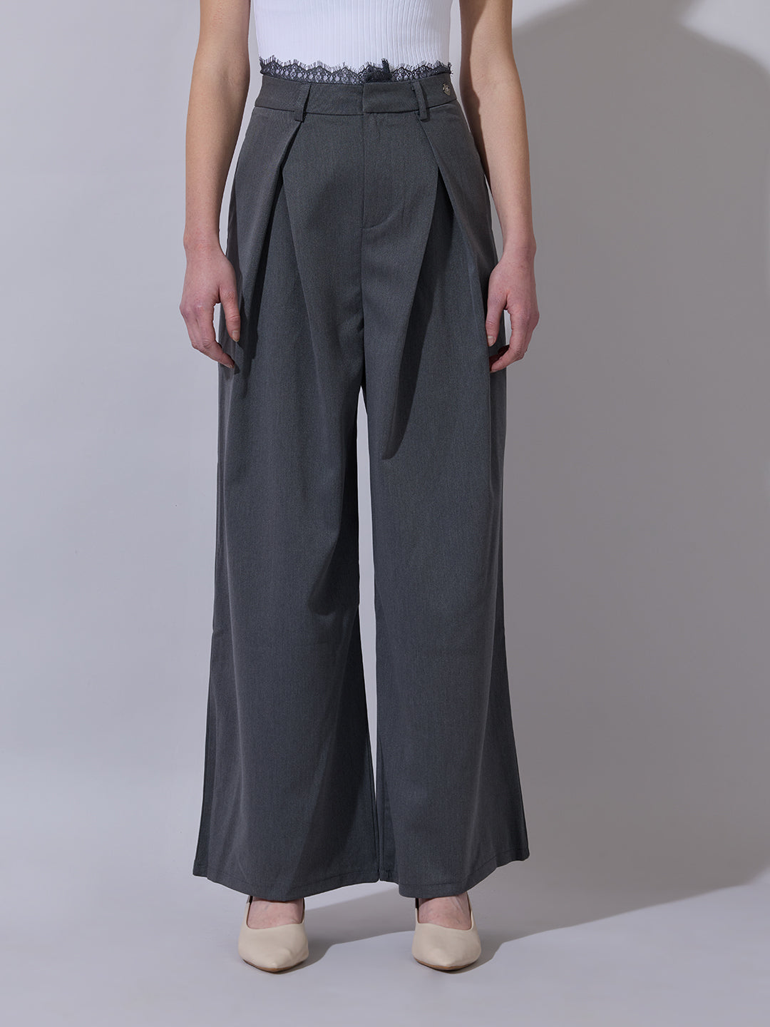Women's Grey Wide Leg Formal Trousers with Lace Trim Detail