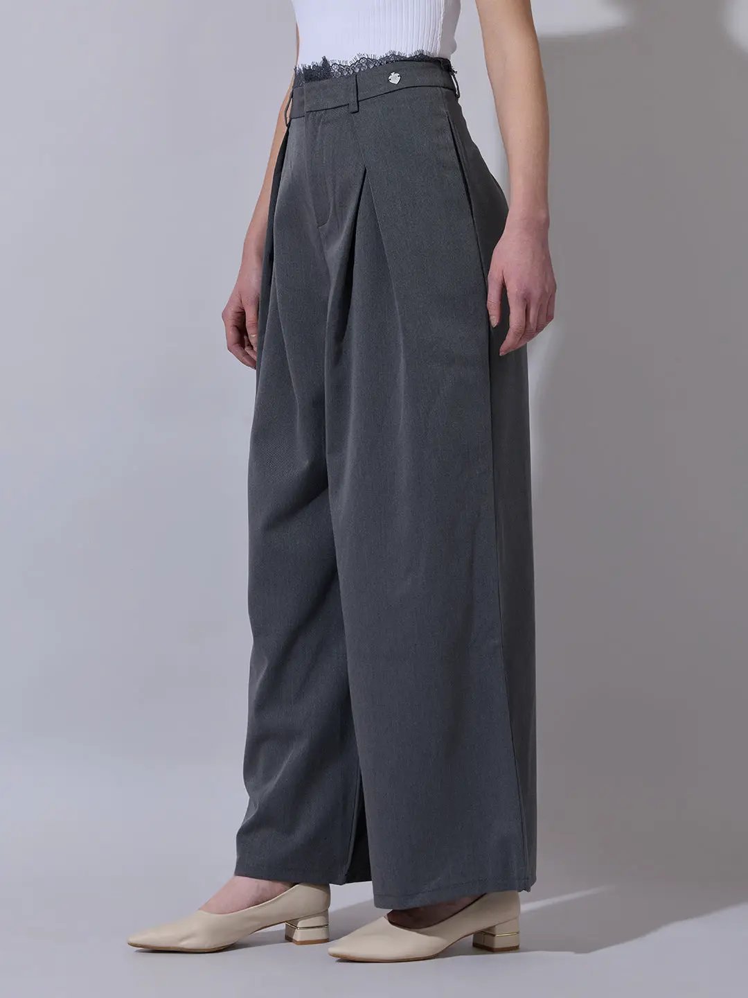 Women's Grey Wide Leg Formal Trousers with Lace Trim Detail - Uncategorized from SHOWOFFFF