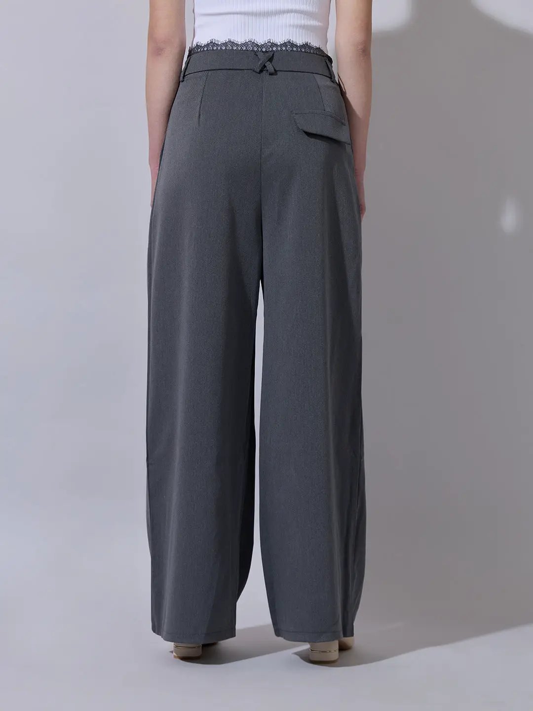 Women's Grey Wide Leg Formal Trousers with Lace Trim Detail - Uncategorized from SHOWOFFFF