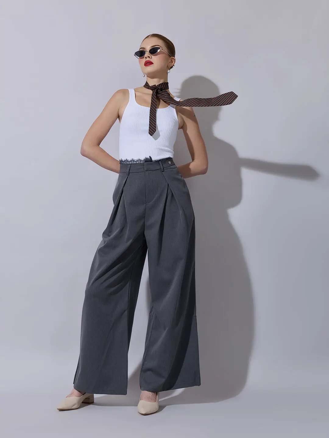 Women's Grey Wide Leg Formal Trousers with Lace Trim Detail - Uncategorized from SHOWOFFFF