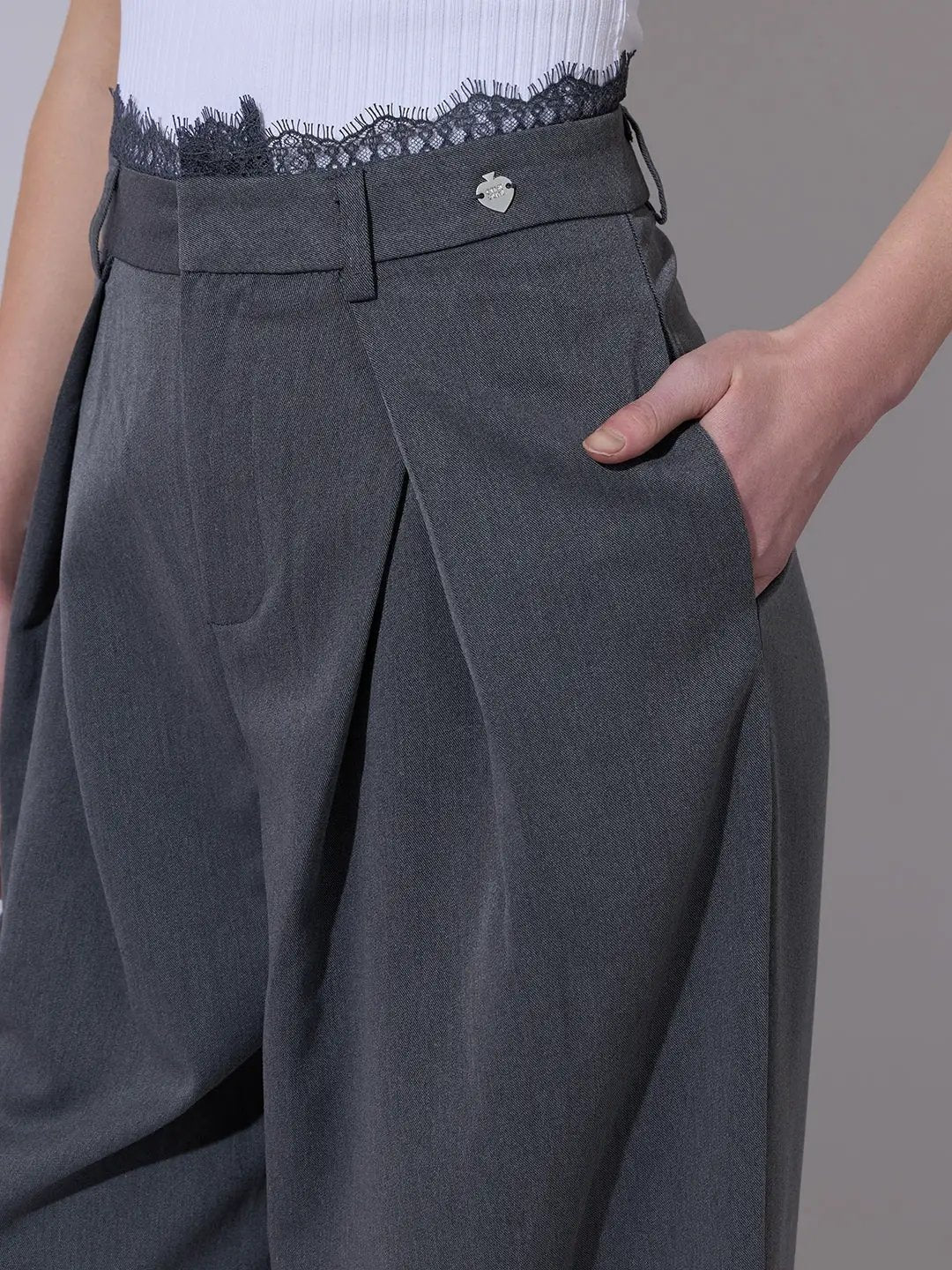 Women's Grey Wide Leg Formal Trousers with Lace Trim Detail - Uncategorized from SHOWOFFFF