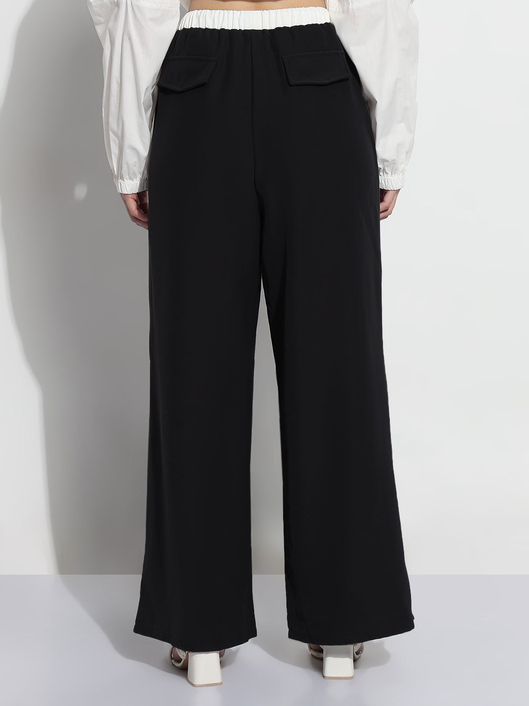 Women's Black Pleated Relaxed Fit Trousers with Contrast Drawstring Waistband