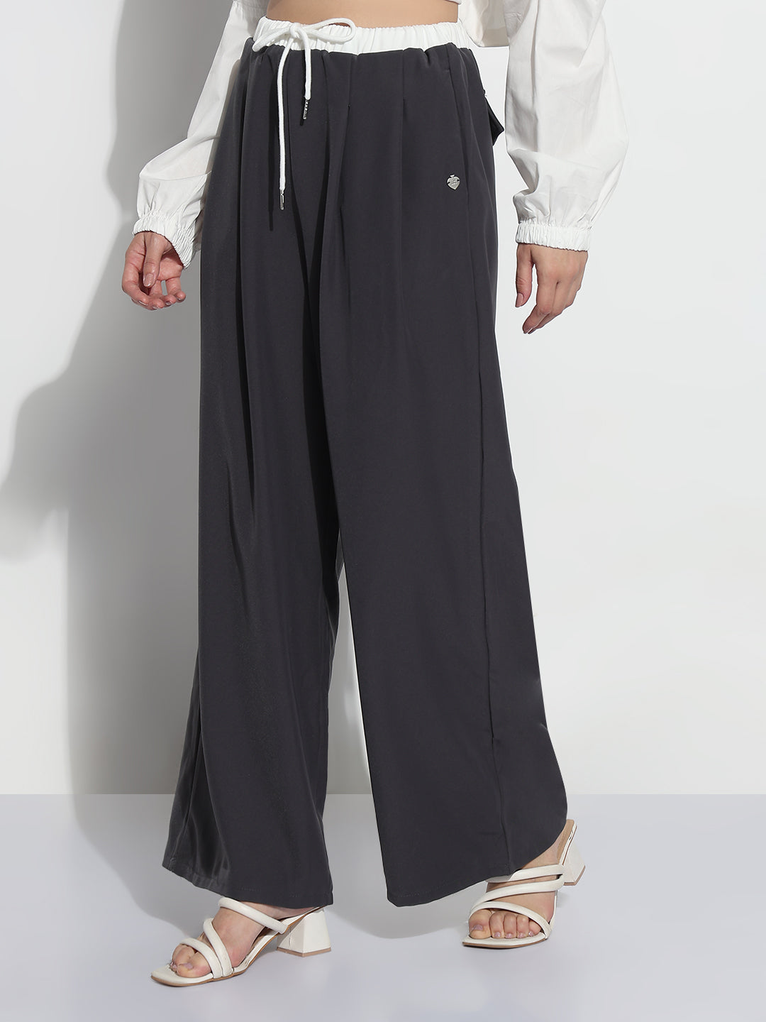 Women's Grey Pleated Relaxed Fit Trousers with Contrast Drawstring Waistband
