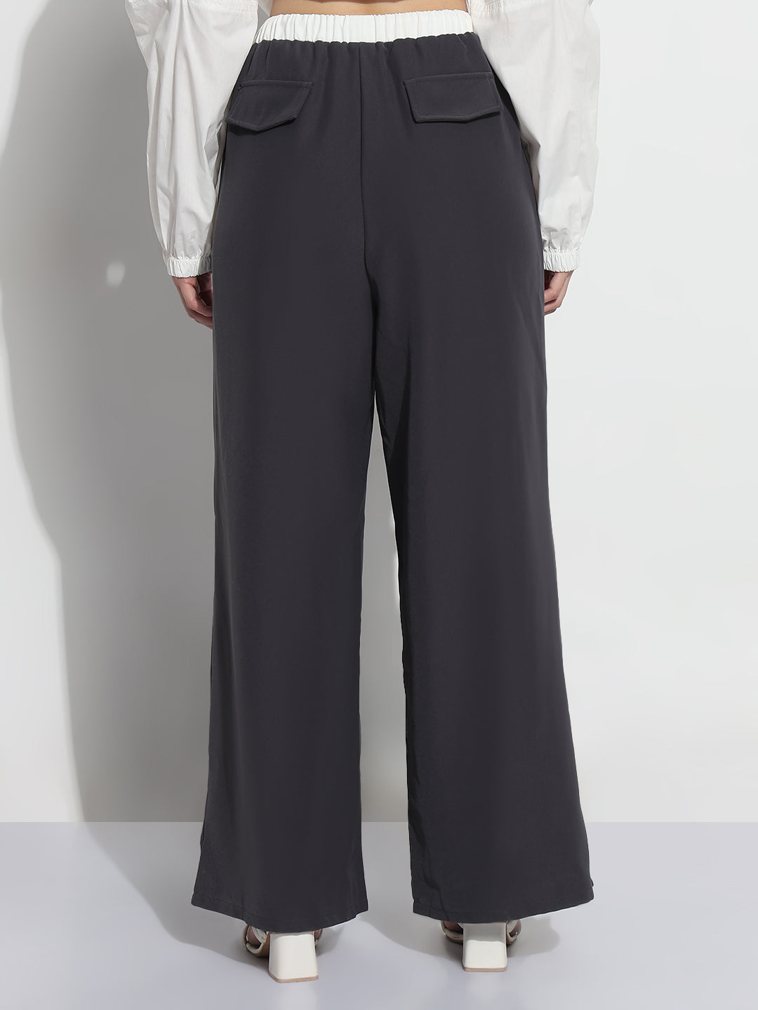 Women's Grey Pleated Relaxed Fit Trousers with Contrast Drawstring Waistband