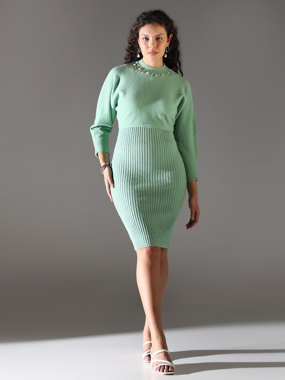 Women Green Solid Bodycon Dress with Top