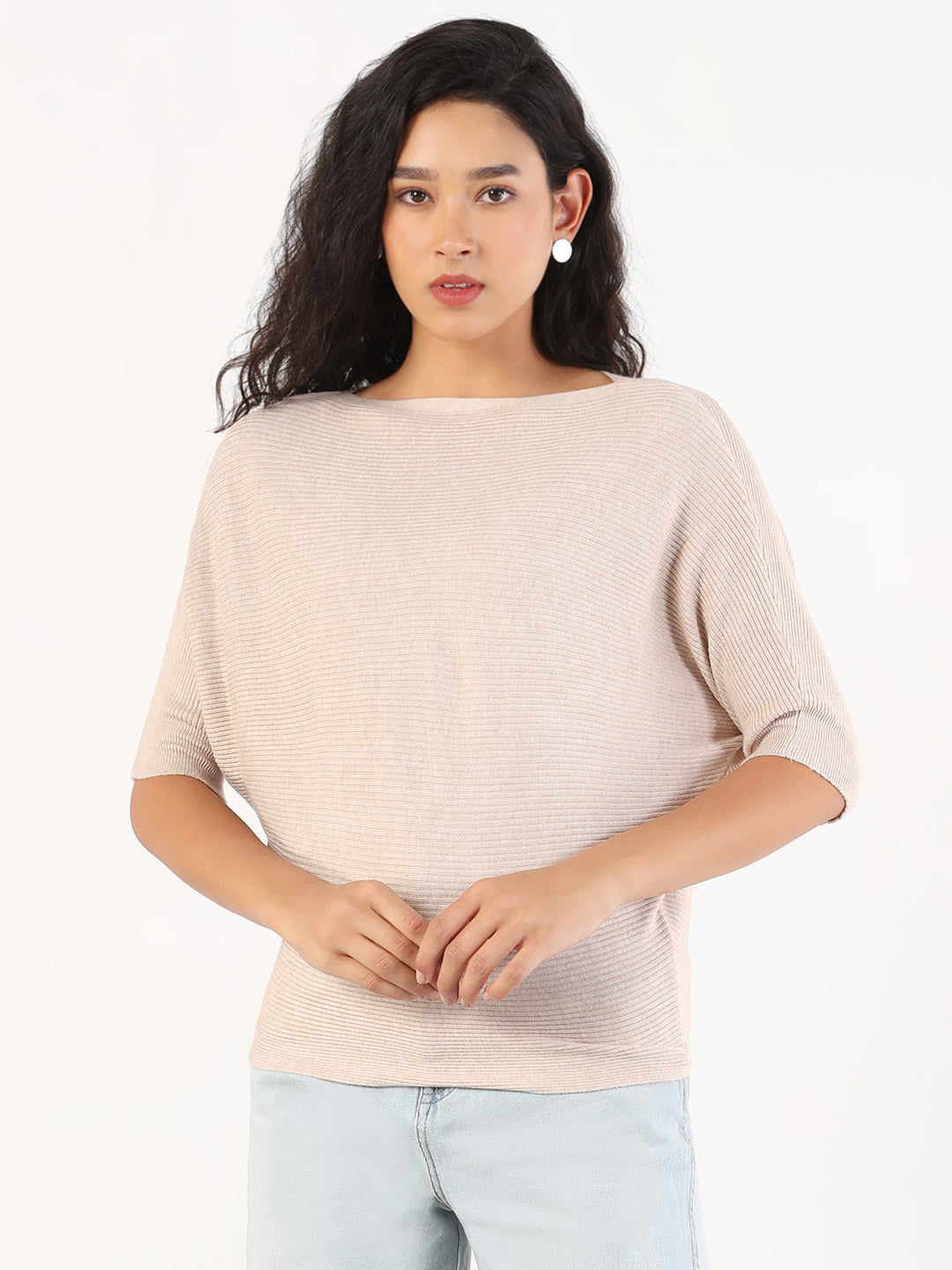 Women Casual Solid Boat Neck Knitted Beige Top