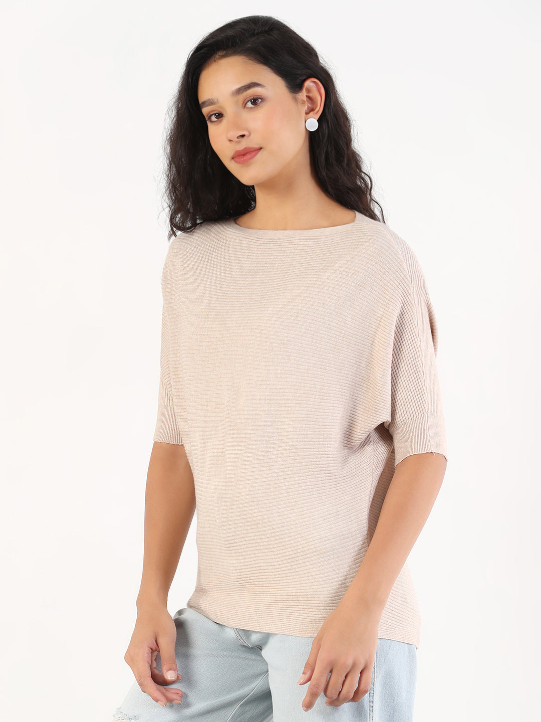 Women Casual Solid Boat Neck Knitted Beige Top