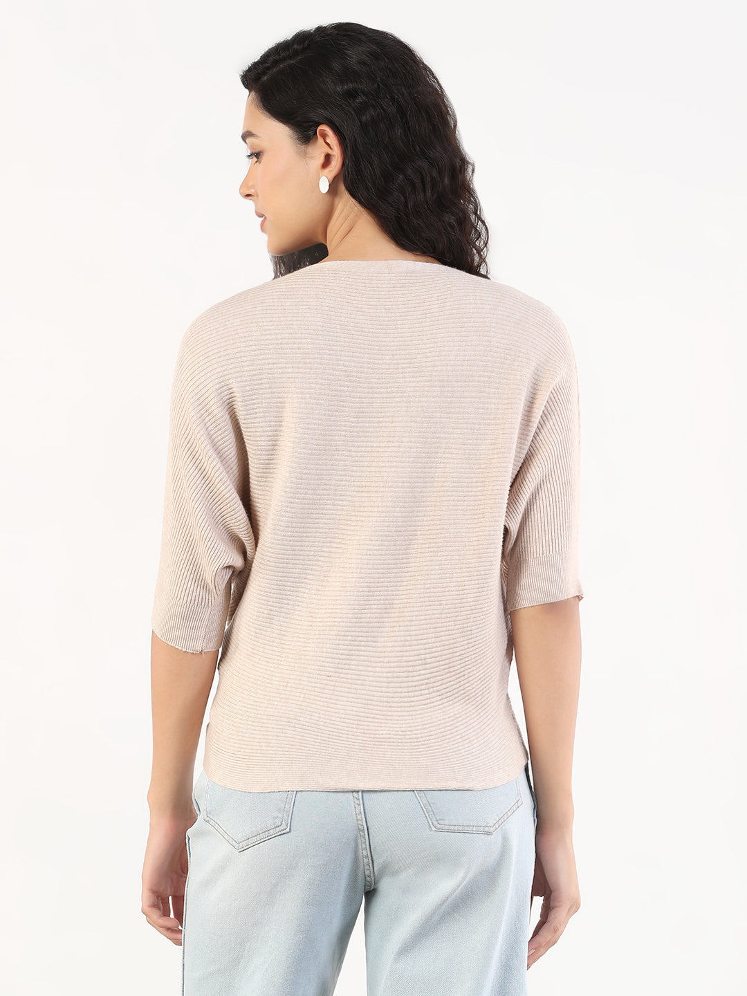 Women Casual Solid Boat Neck Knitted Beige Top