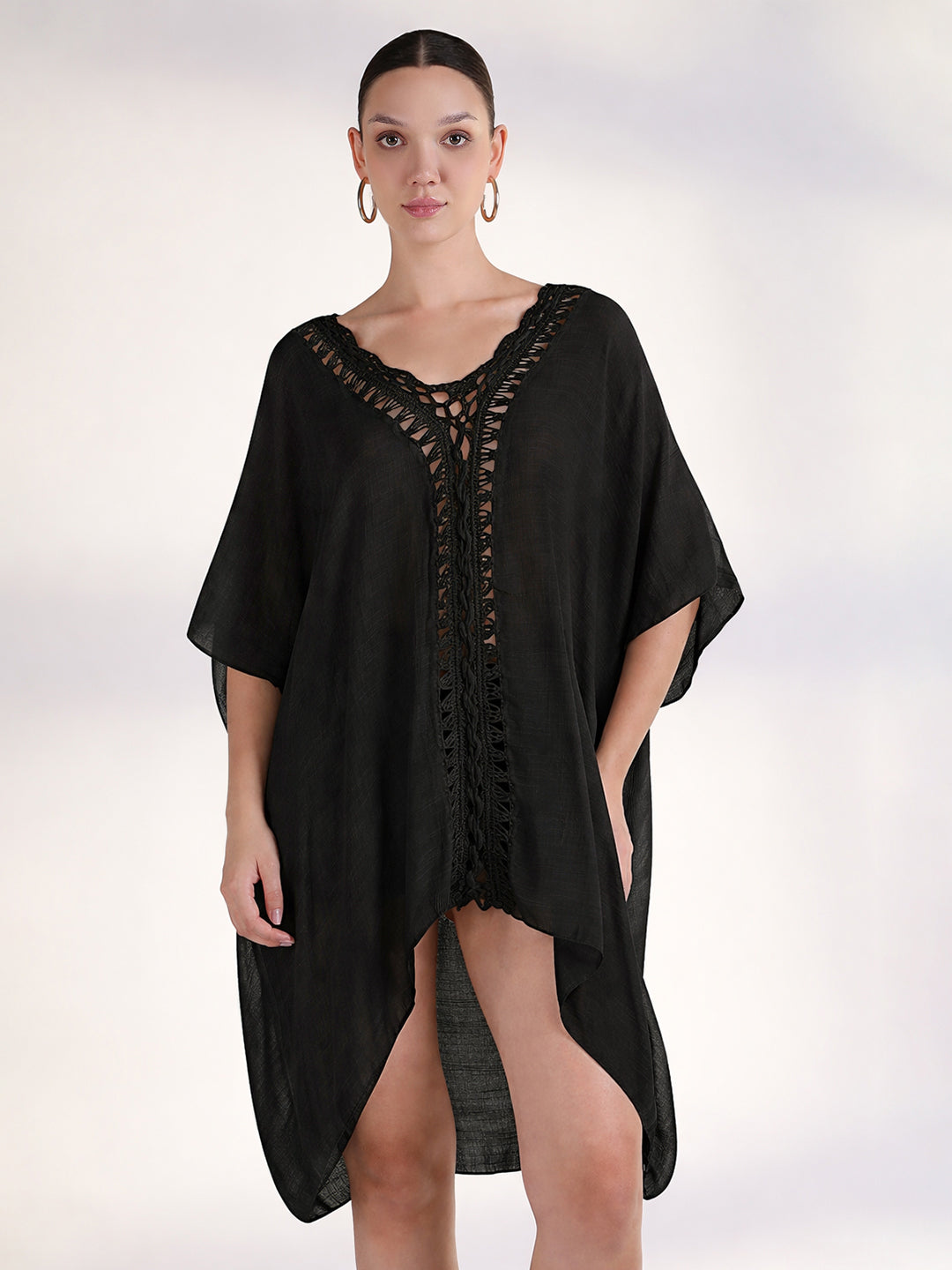 Women's Black Crochet Trim Kaftan Dress