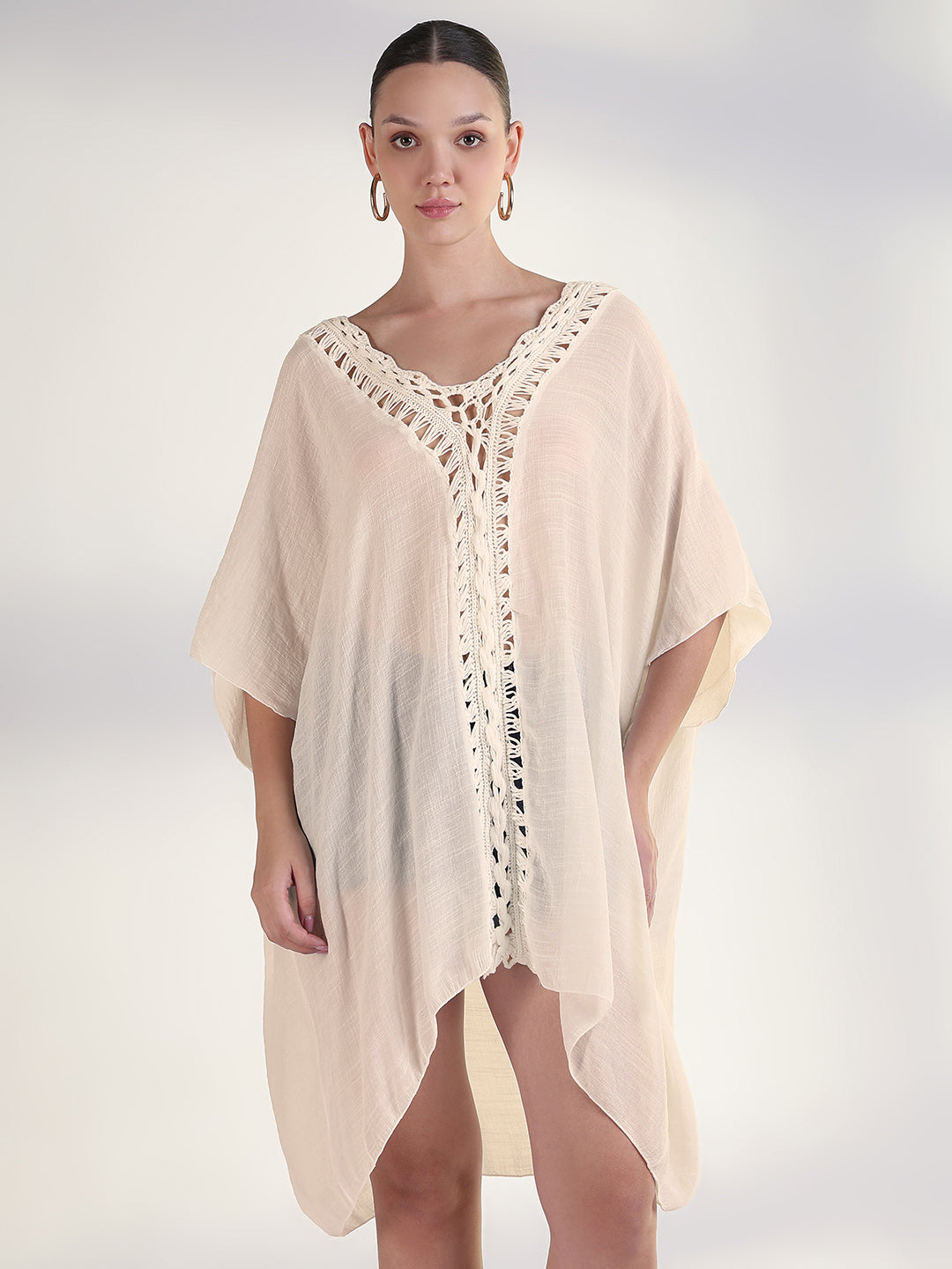 Women's Cream Crochet Trim Kaftan Dress