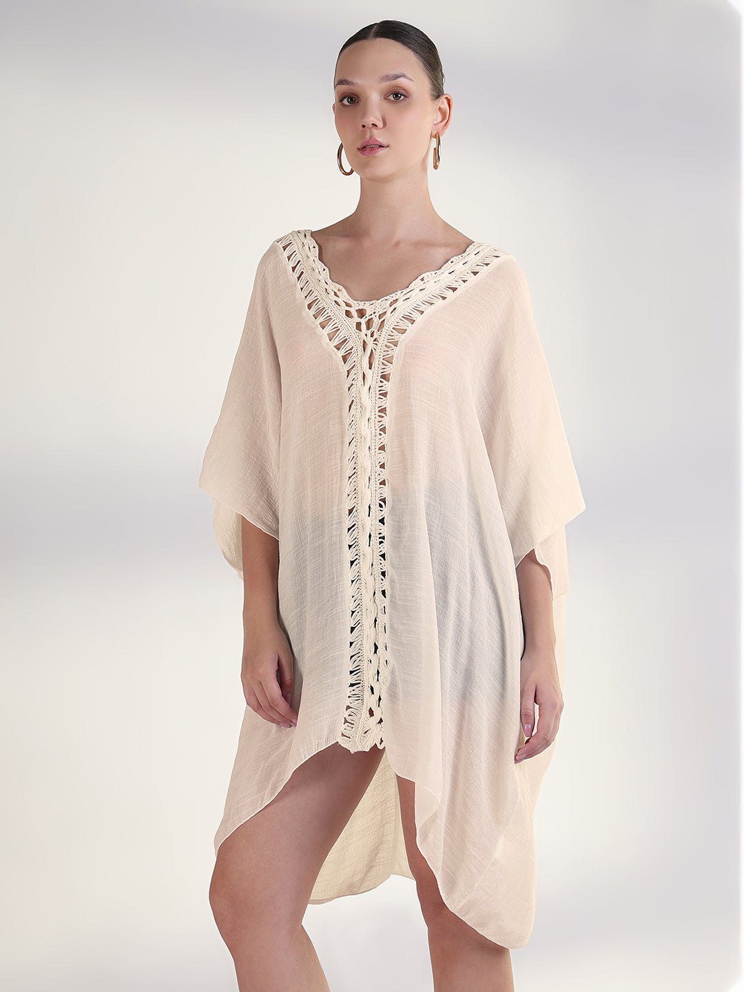 Women's Cream Crochet Trim Kaftan Dress