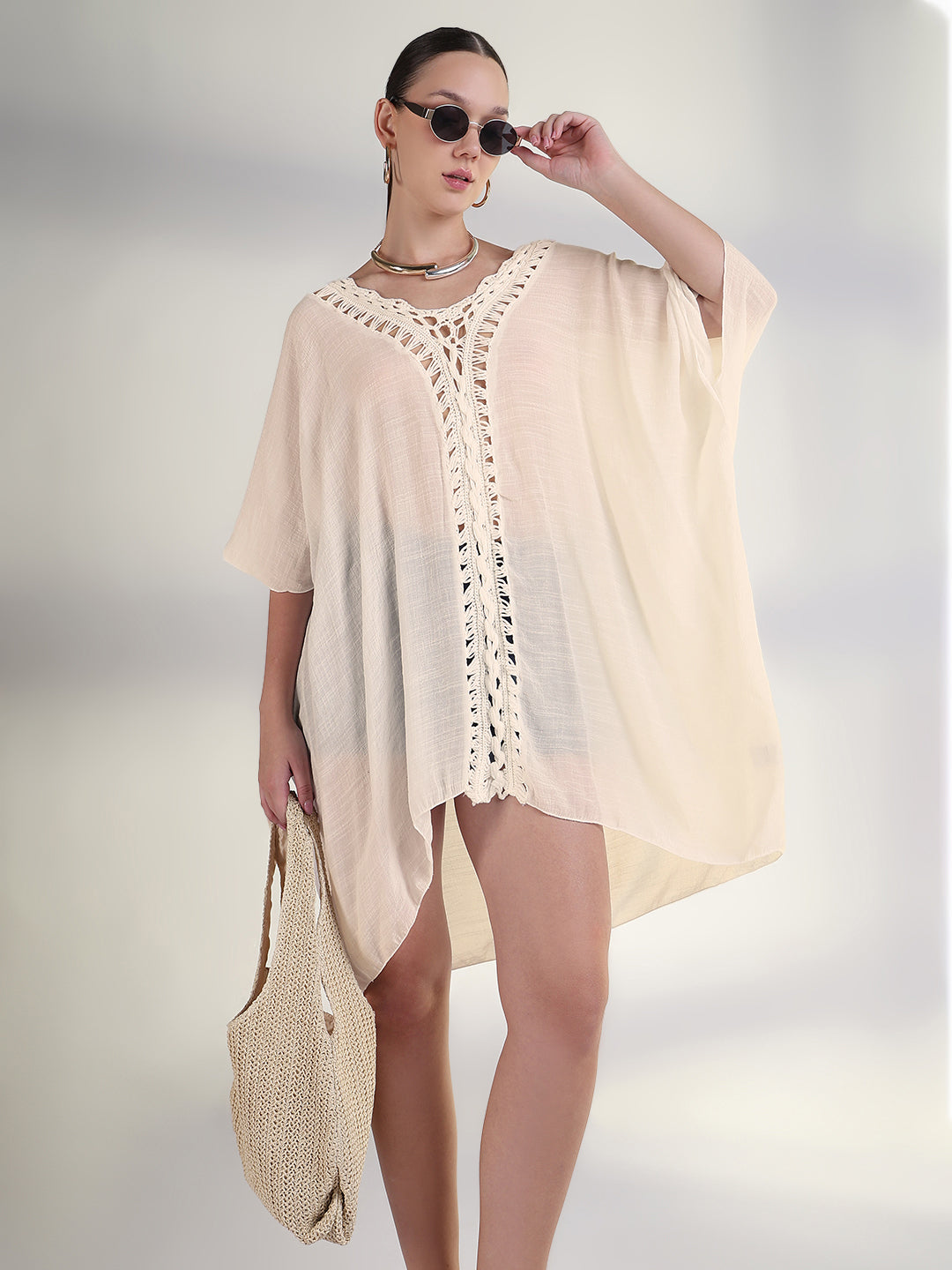 Women's Cream Crochet Trim Kaftan Dress