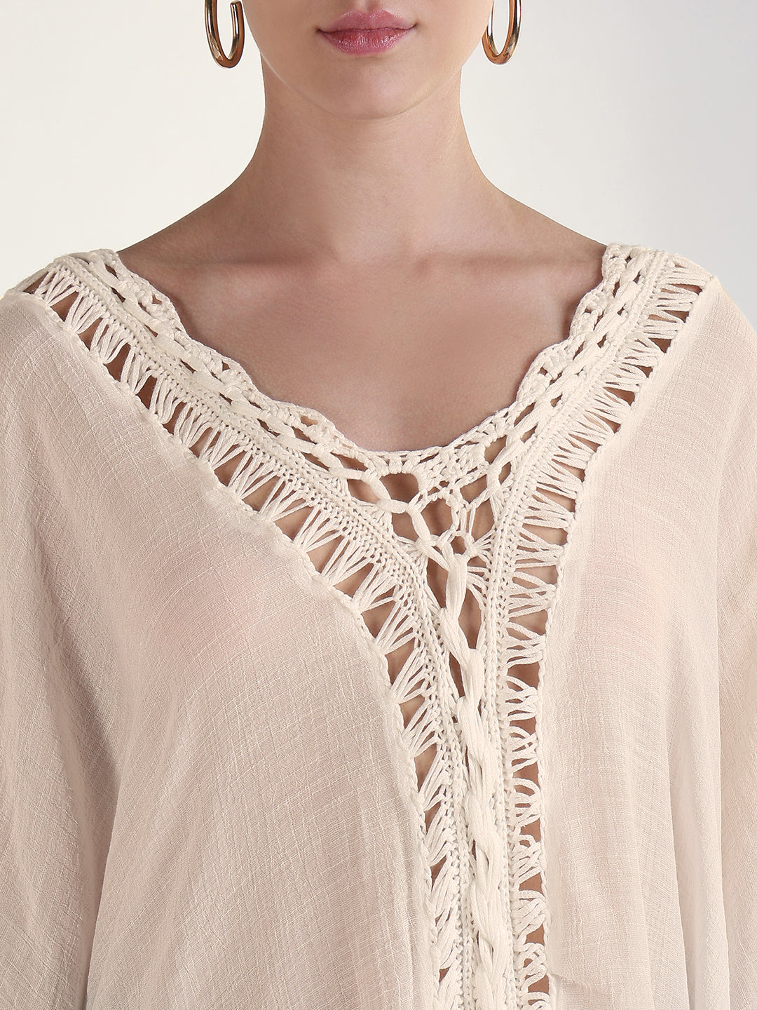 Women's Cream Crochet Trim Kaftan Dress