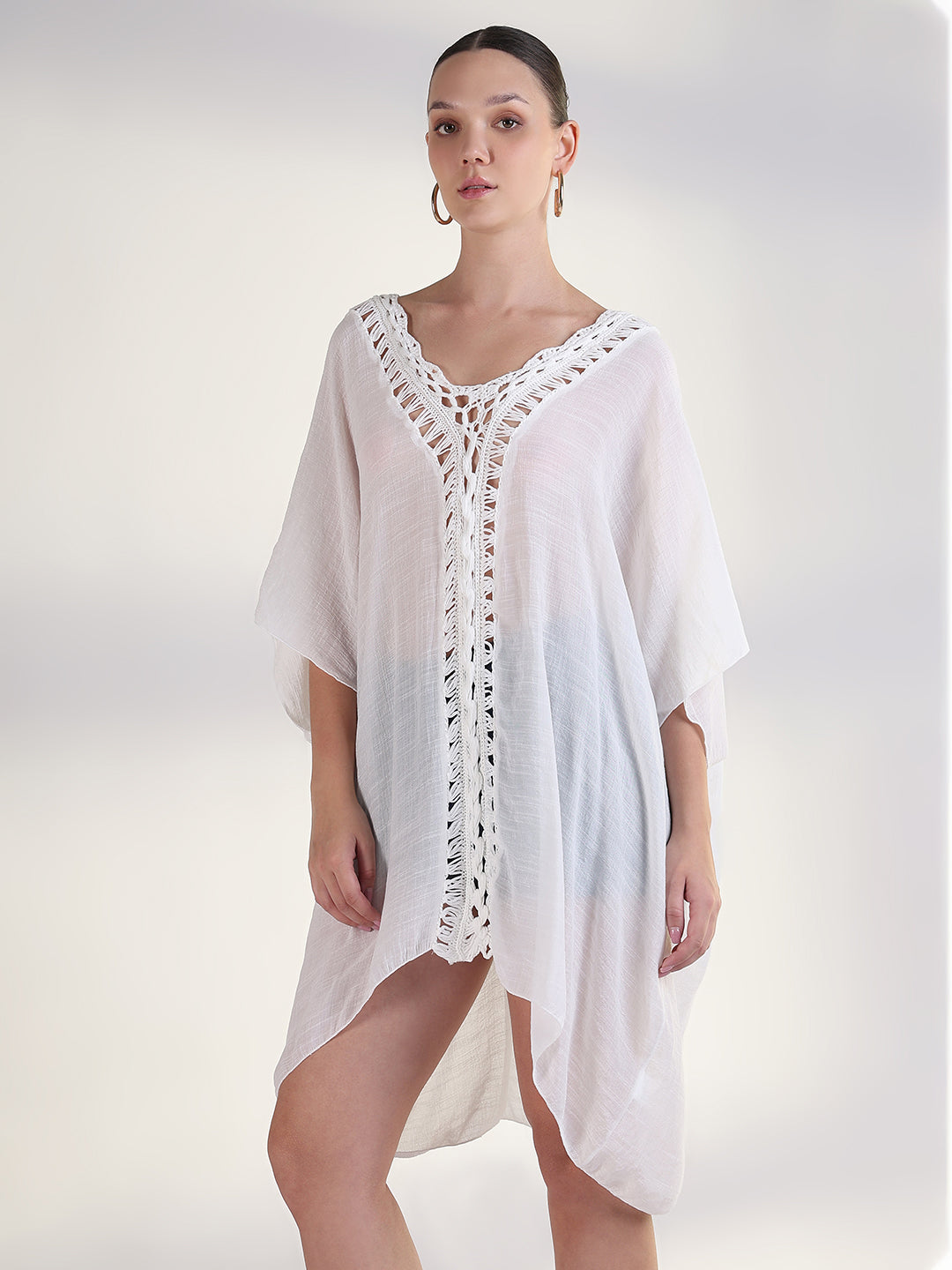 Women's White Crochet Trim Kaftan Dress