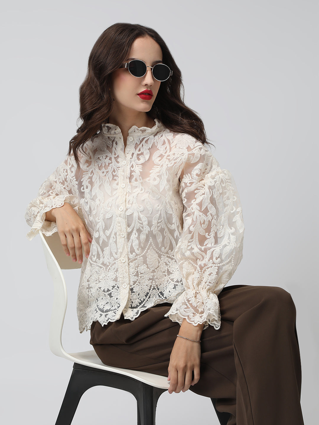 Women's Sheer Cream Floral Lace Embroidered Puff Sleeve Relaxed Fit Shirt