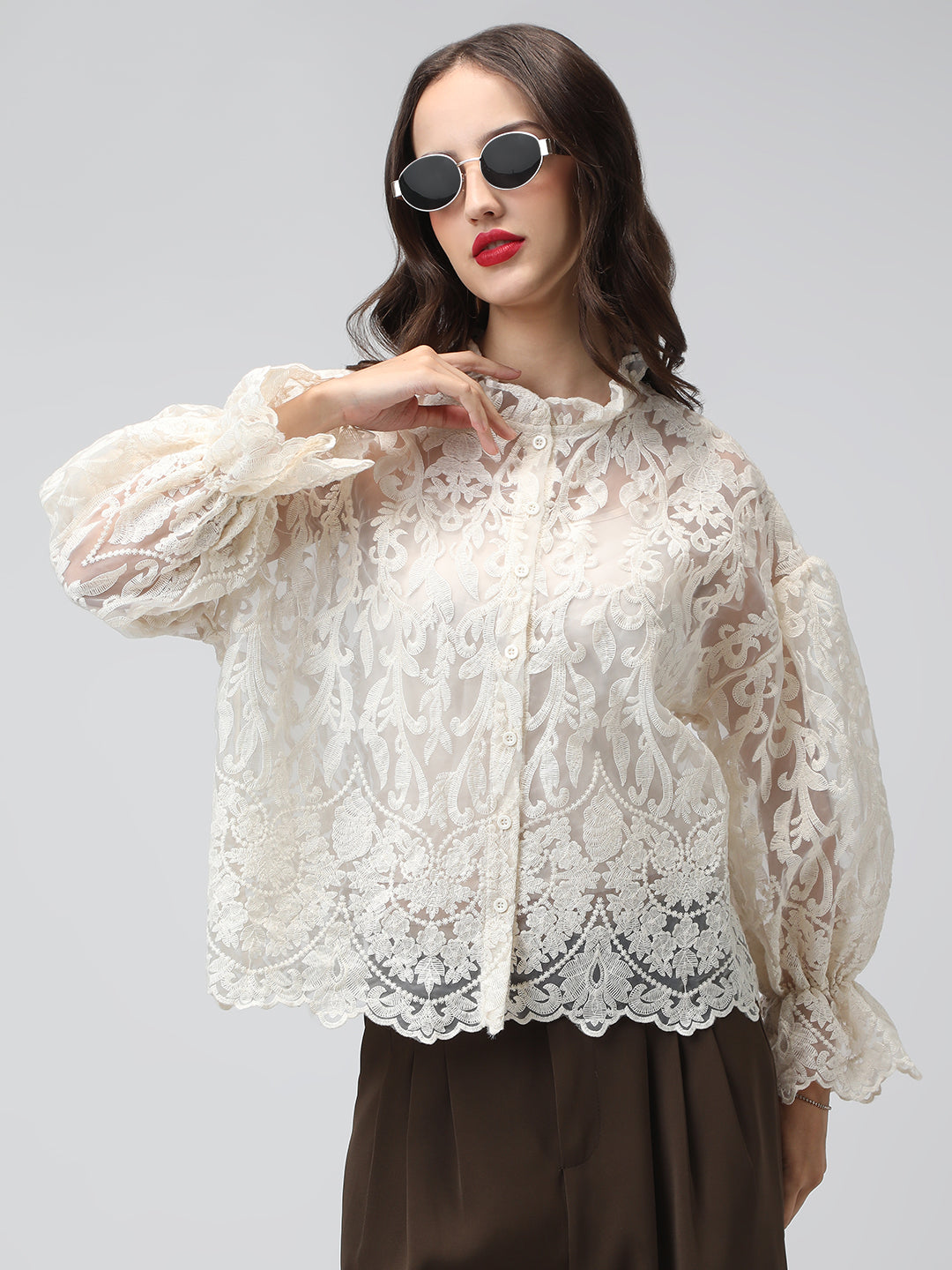 Women's Sheer Cream Floral Lace Embroidered Puff Sleeve Relaxed Fit Shirt