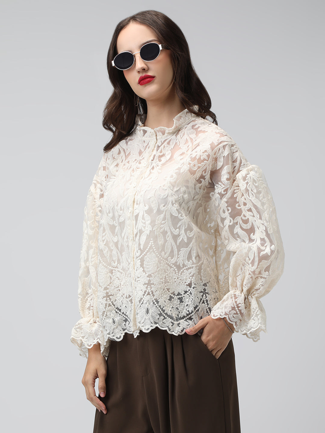 Women's Sheer Cream Floral Lace Embroidered Puff Sleeve Relaxed Fit Shirt