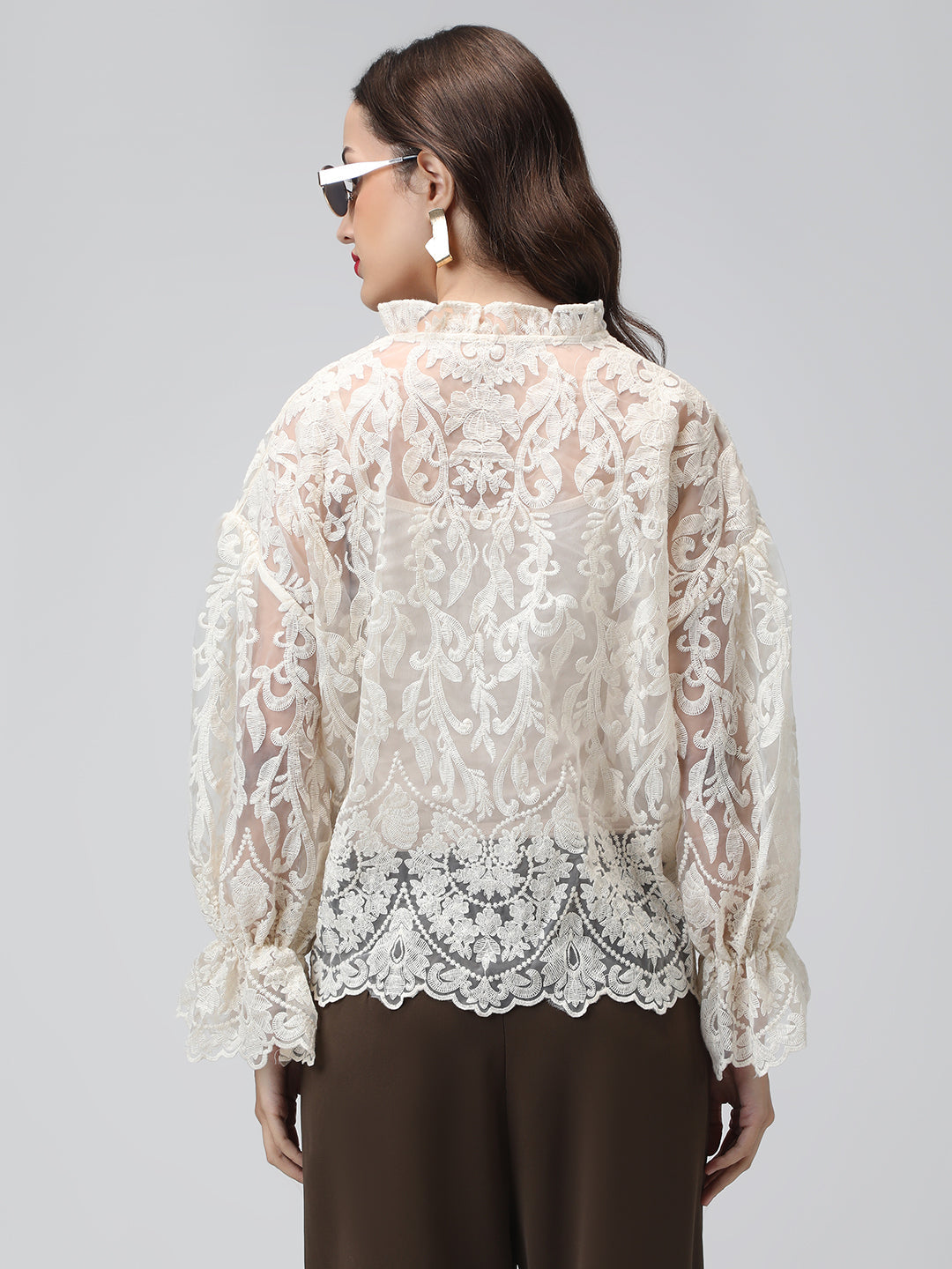 Women's Sheer Cream Floral Lace Embroidered Puff Sleeve Relaxed Fit Shirt