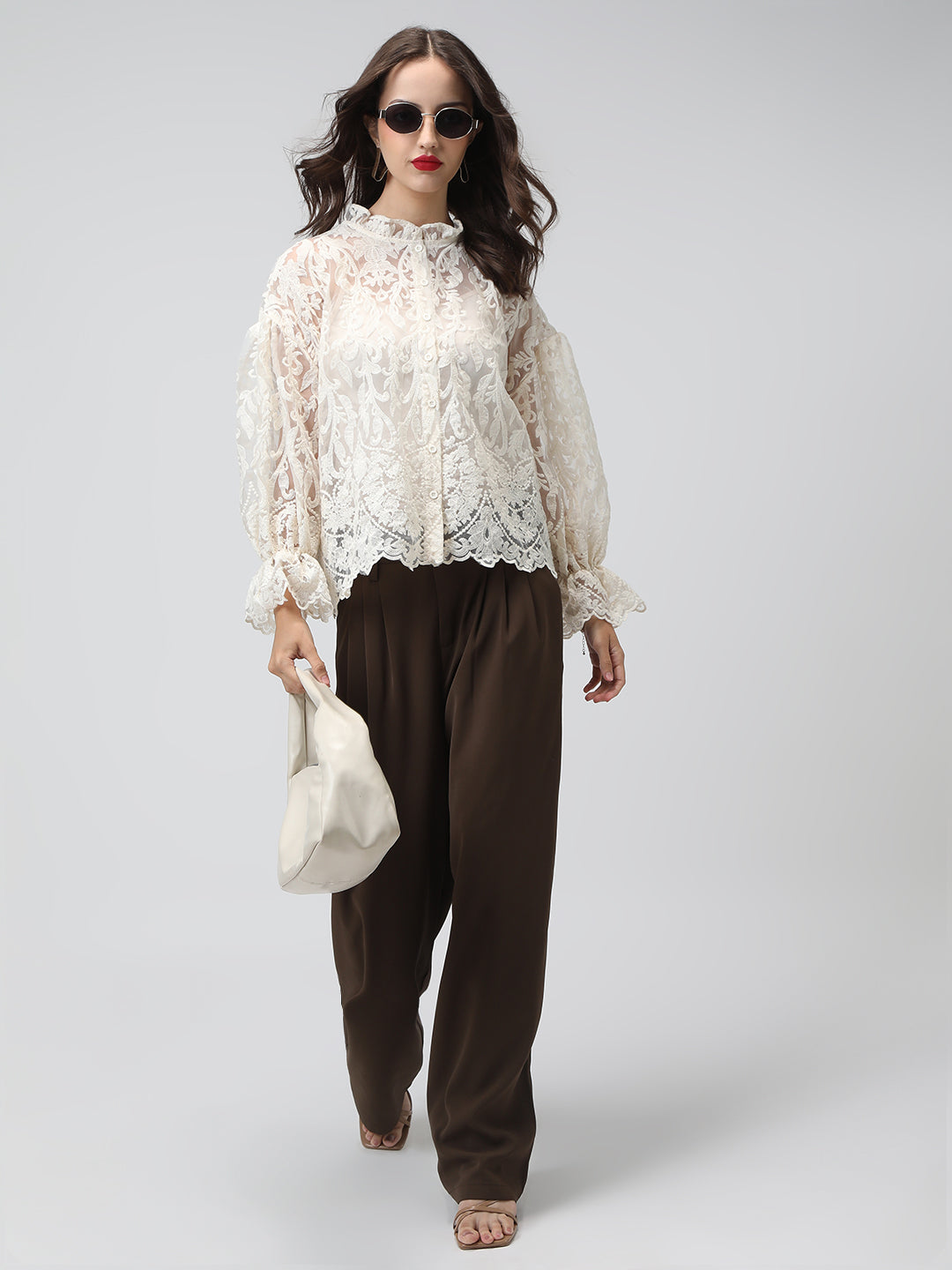Women's Sheer Cream Floral Lace Embroidered Puff Sleeve Relaxed Fit Shirt