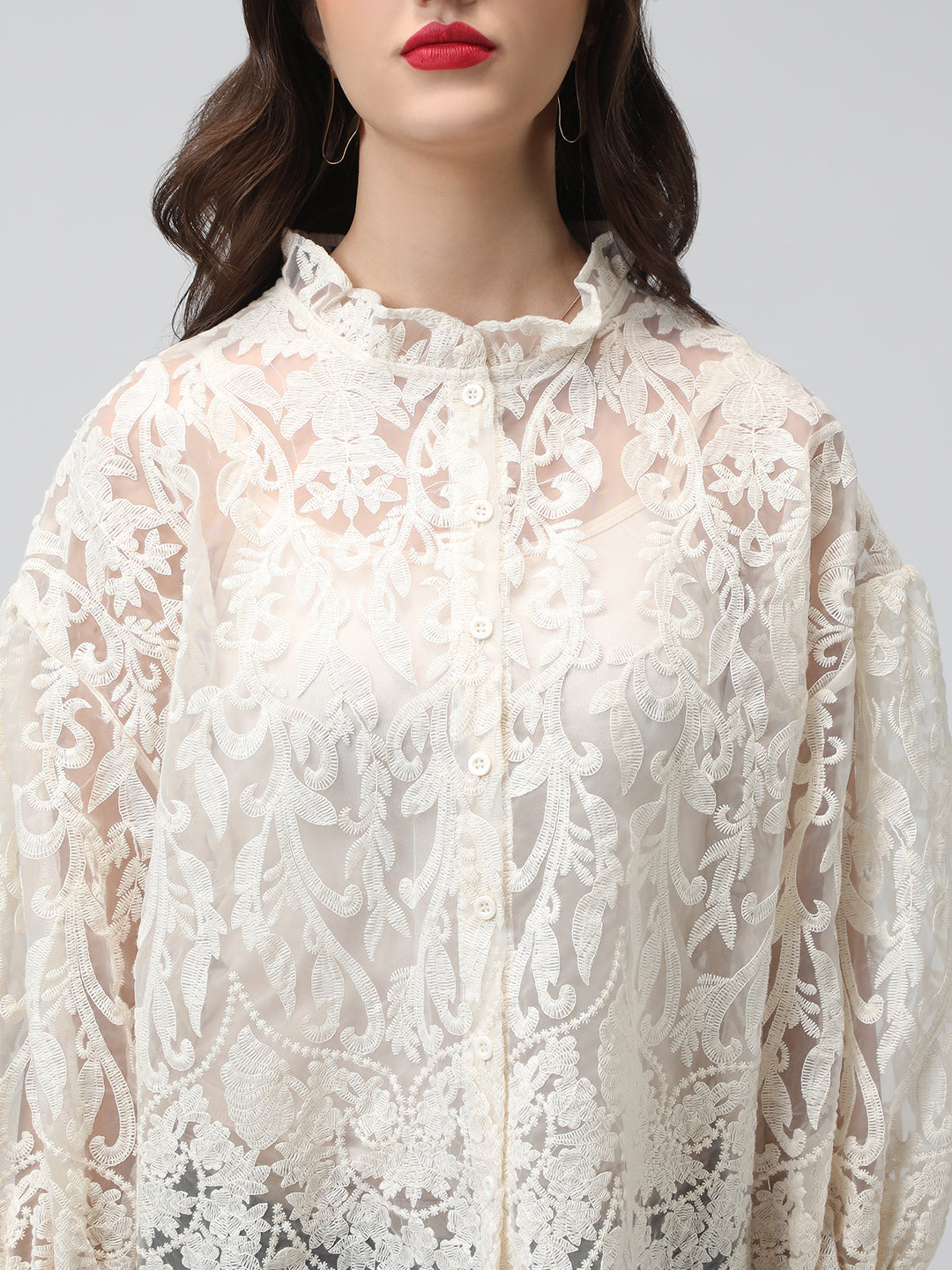 Women's Sheer Cream Floral Lace Embroidered Puff Sleeve Relaxed Fit Shirt