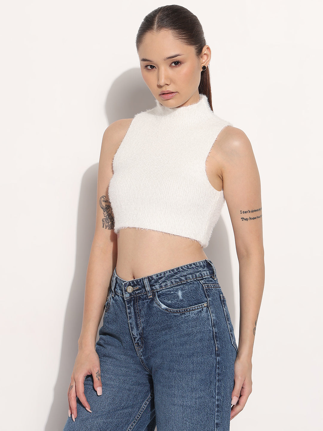 Women's Ribbed Off White High Neck Sleeveless Knitted Crop Tank Top