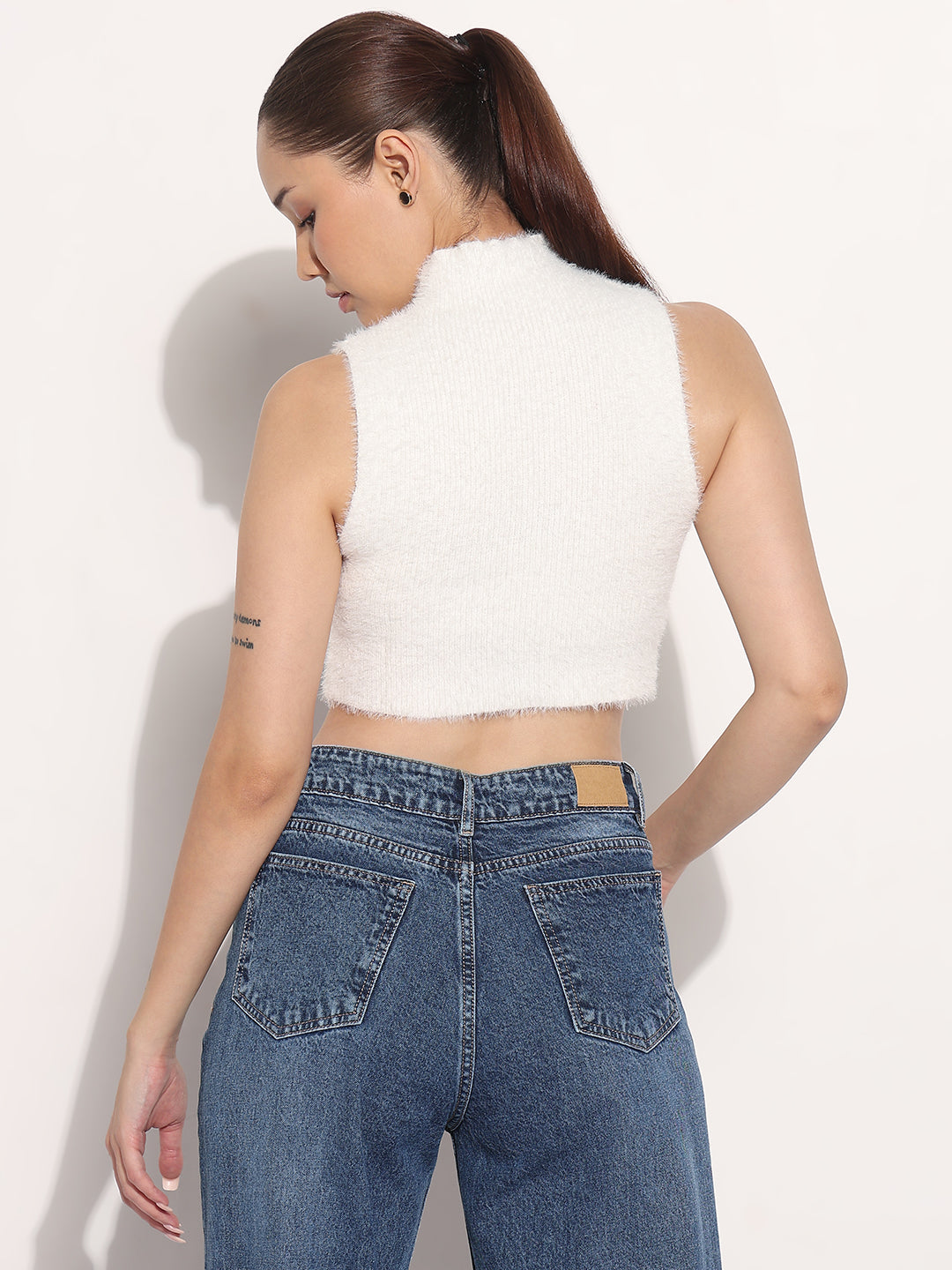 Women's Ribbed Off White High Neck Sleeveless Knitted Crop Tank Top