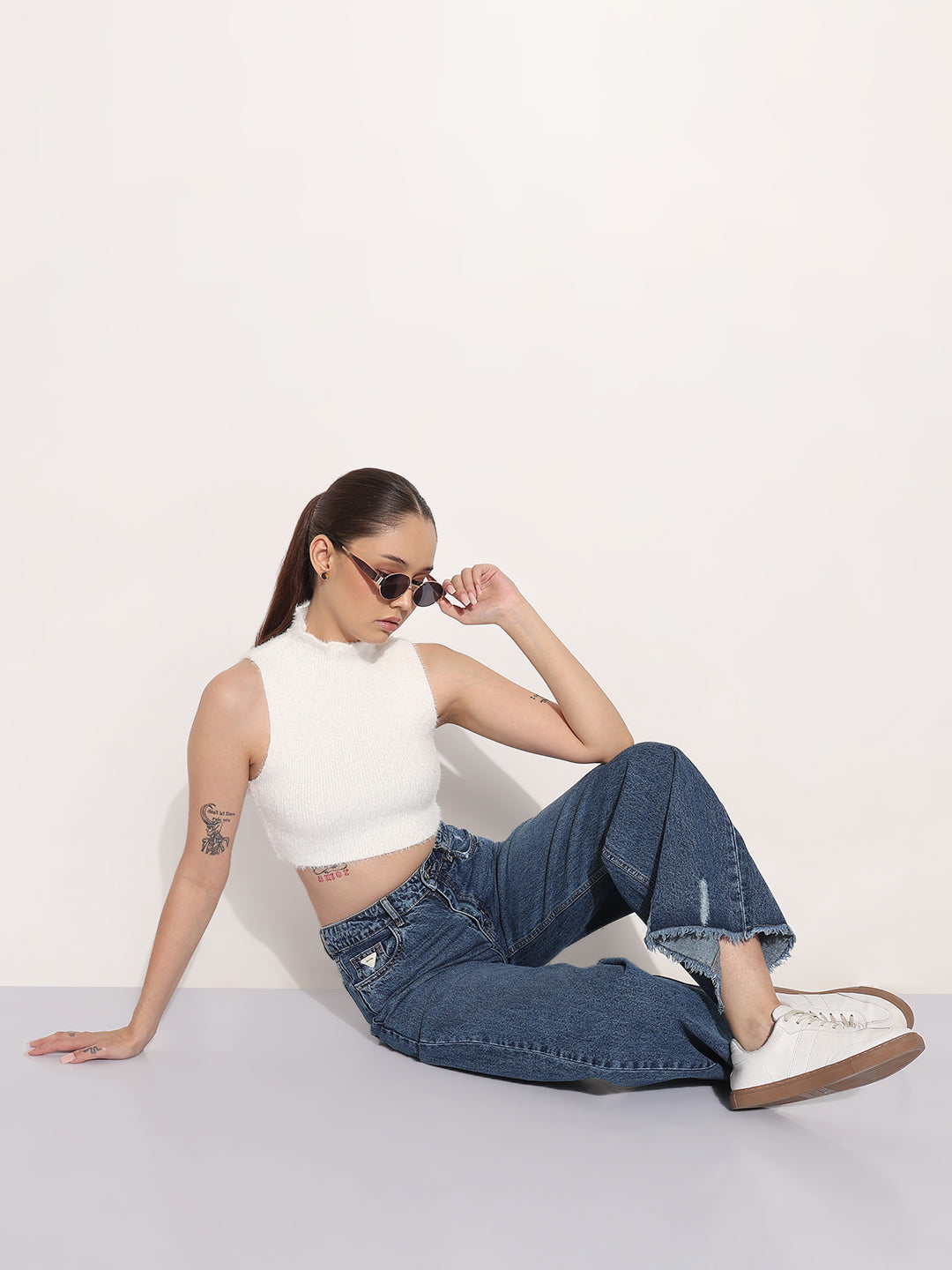 Women's Ribbed Off White High Neck Sleeveless Knitted Crop Tank Top