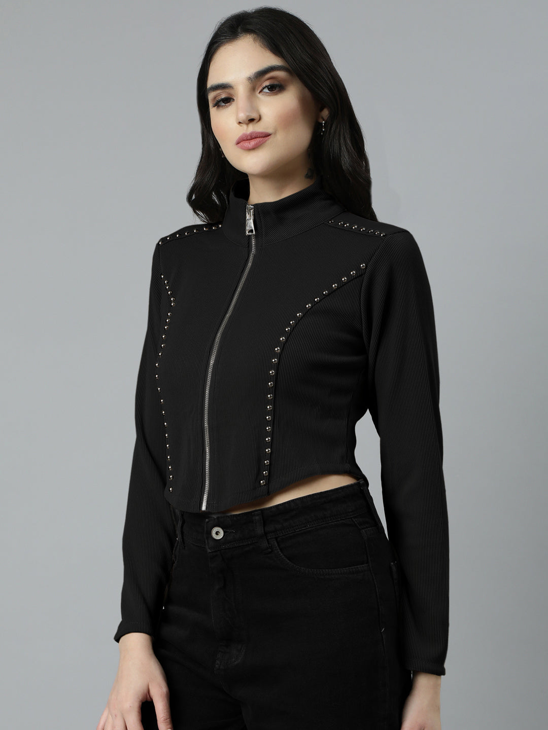 Women’s Black Cropped Zip-Up Long Sleeve Top with Stud Embellishments