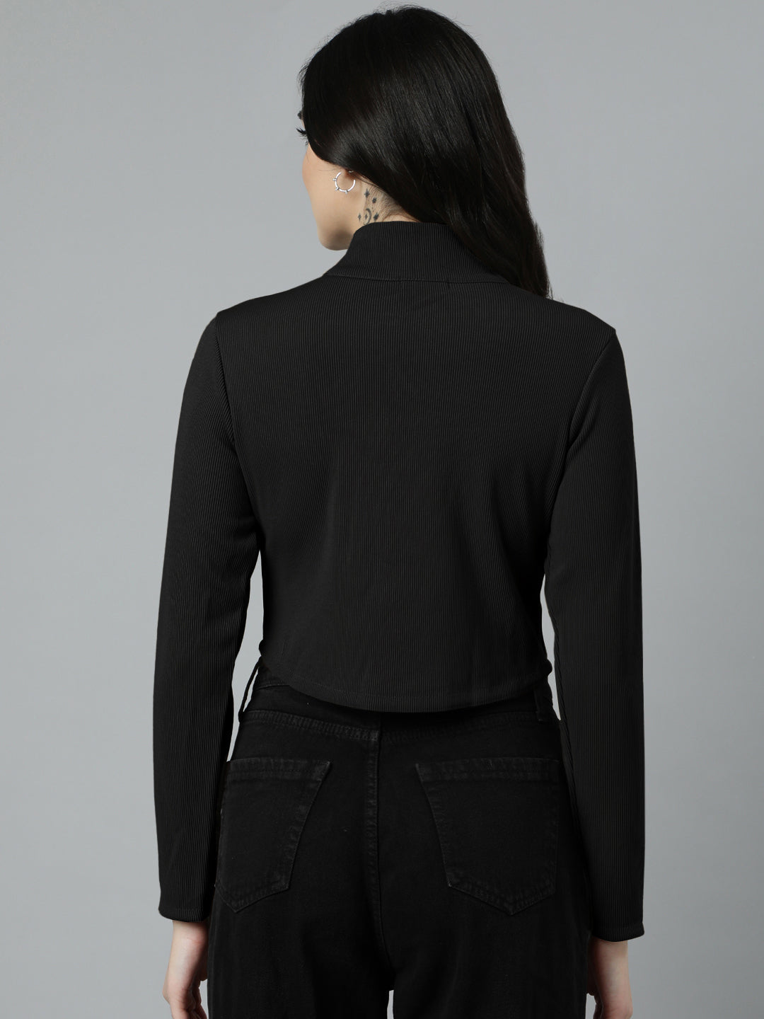 Women’s Black Cropped Zip-Up Long Sleeve Top with Stud Embellishments