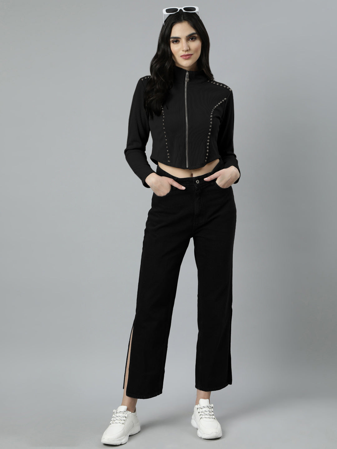 Women’s Black Cropped Zip-Up Long Sleeve Top with Stud Embellishments