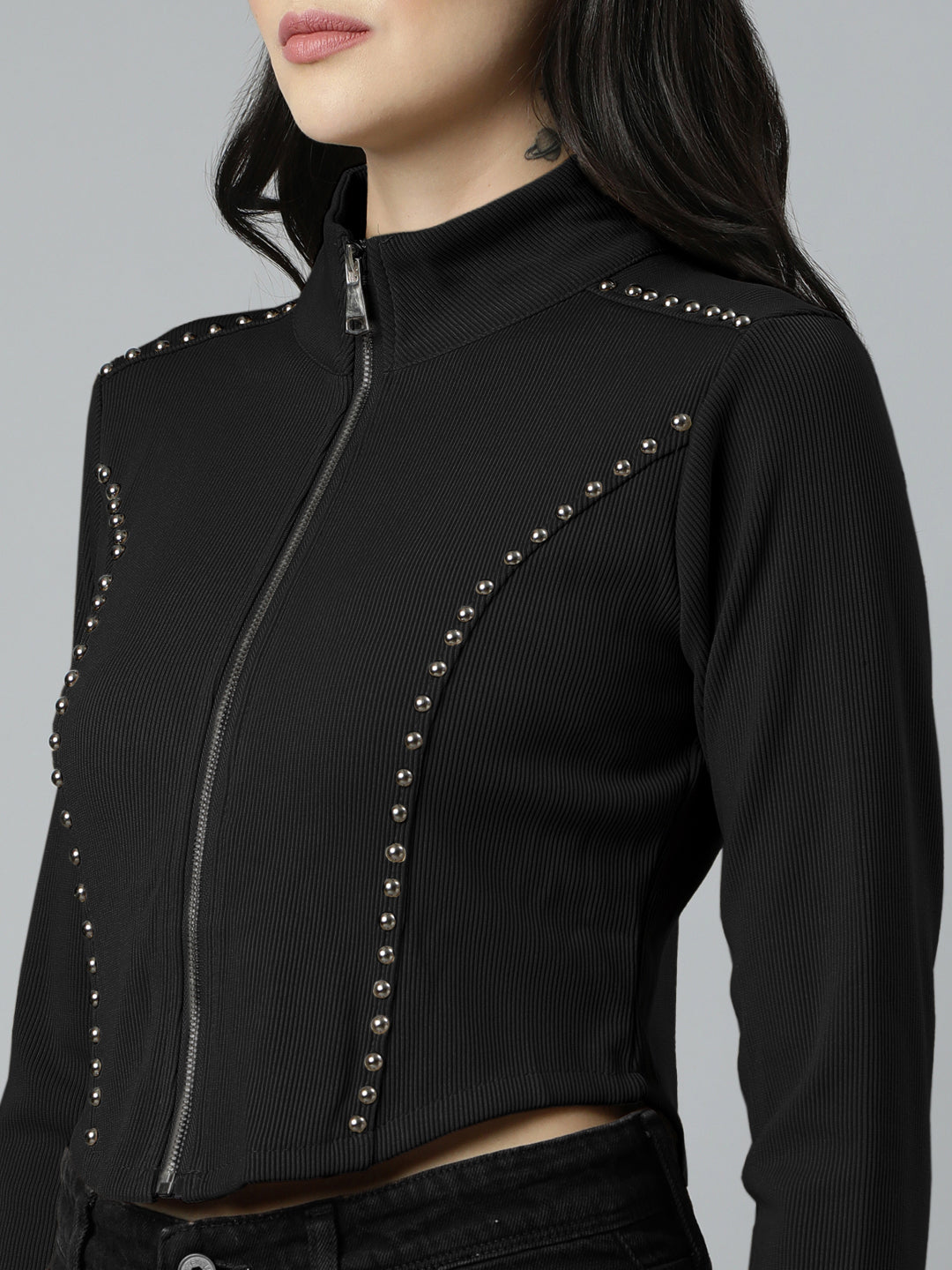 Women’s Black Cropped Zip-Up Long Sleeve Top with Stud Embellishments