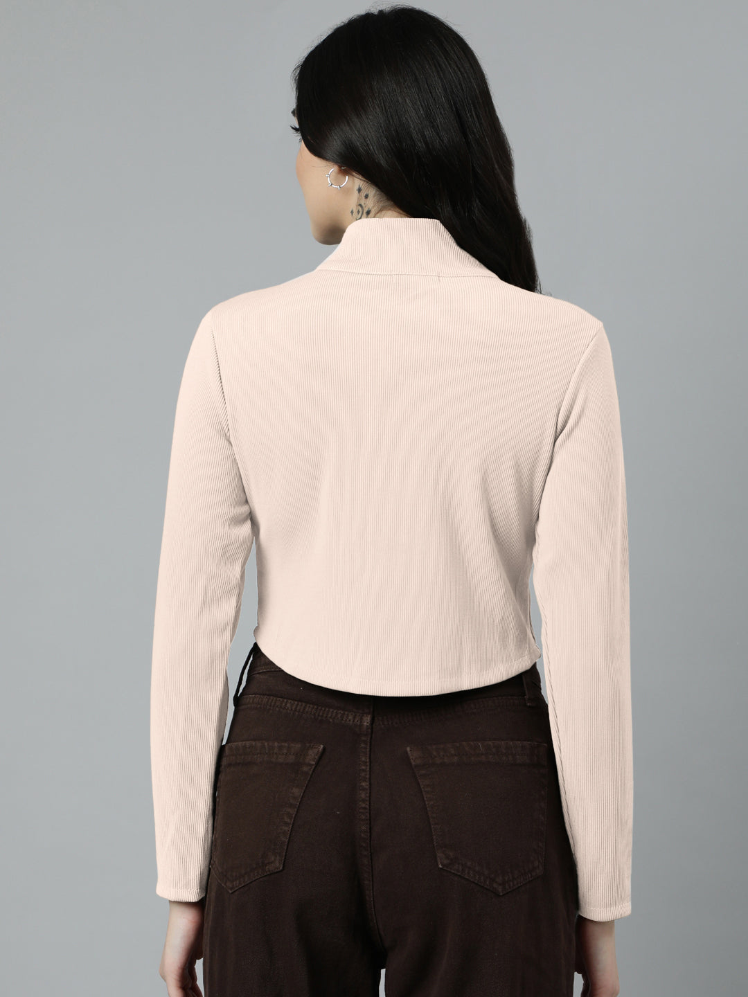 Women’s Off White Cropped Zip-Up Long Sleeve Top with Stud Embellishments