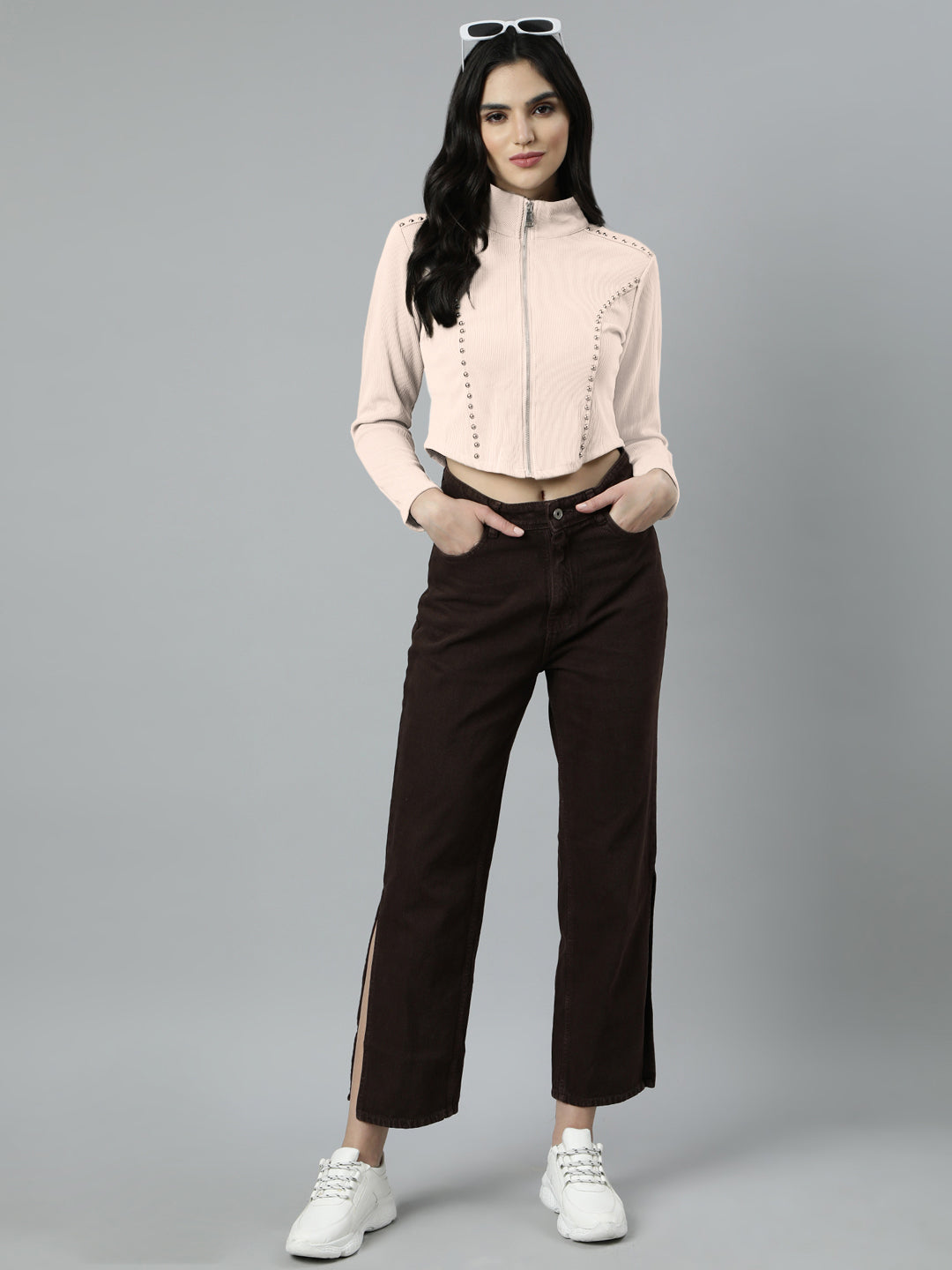 Women’s Off White Cropped Zip-Up Long Sleeve Top with Stud Embellishments