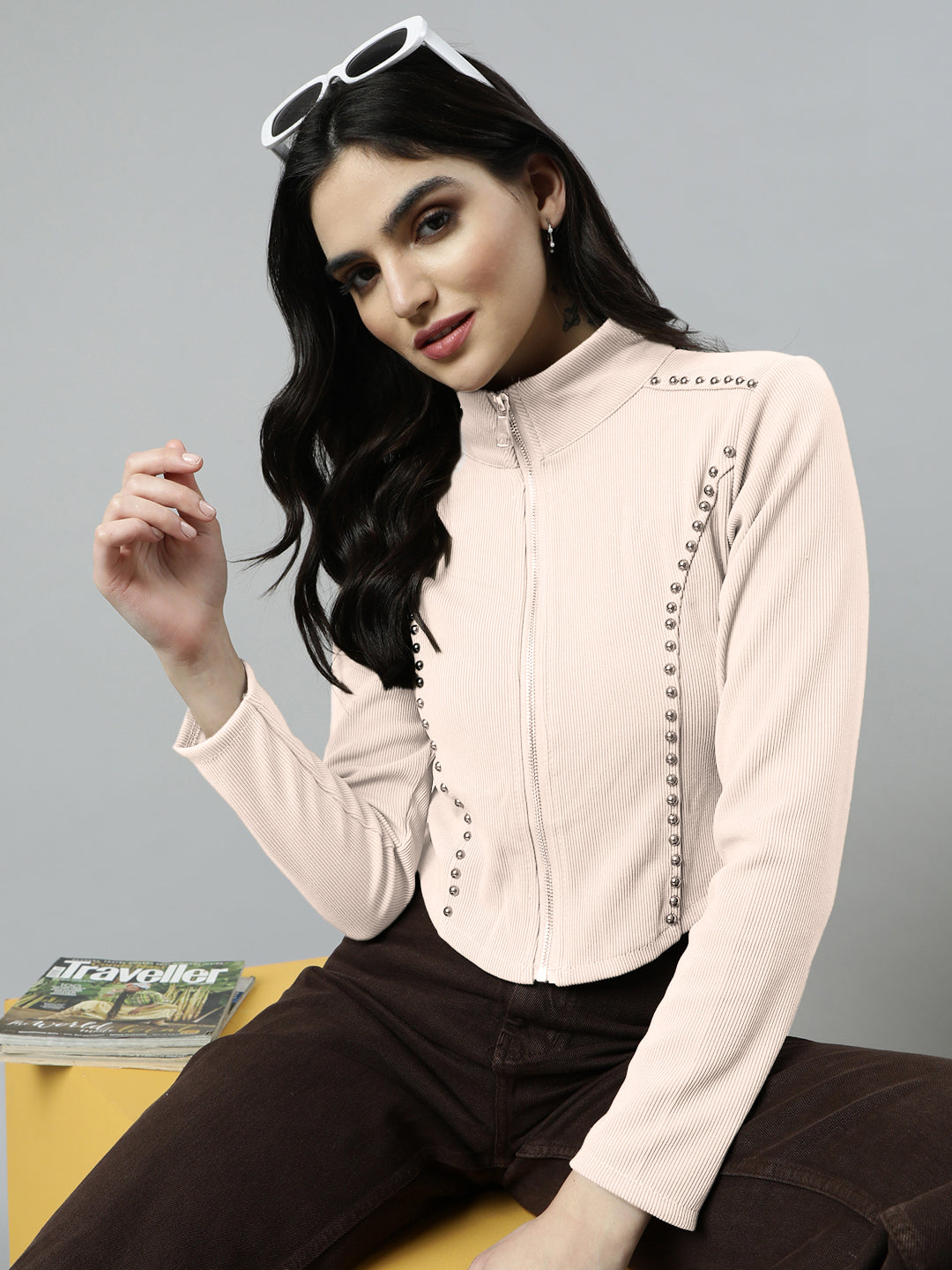 Women’s Off White Cropped Zip-Up Long Sleeve Top with Stud Embellishments