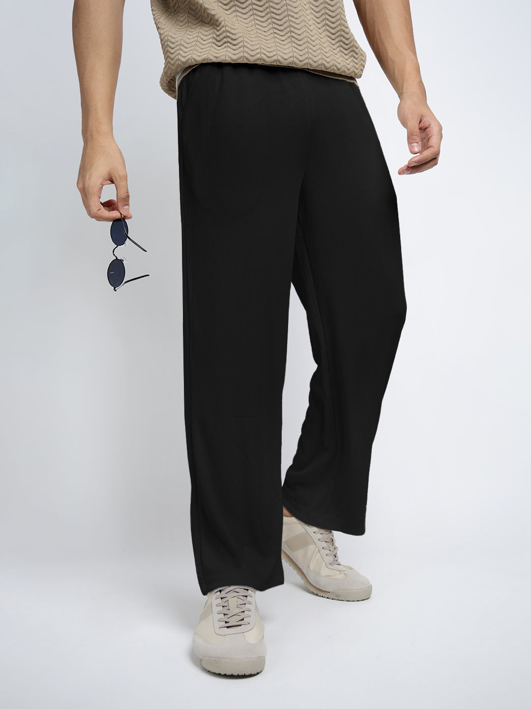 Men's Black Elasticated Relaxed Fit Trousers with Drawstrings