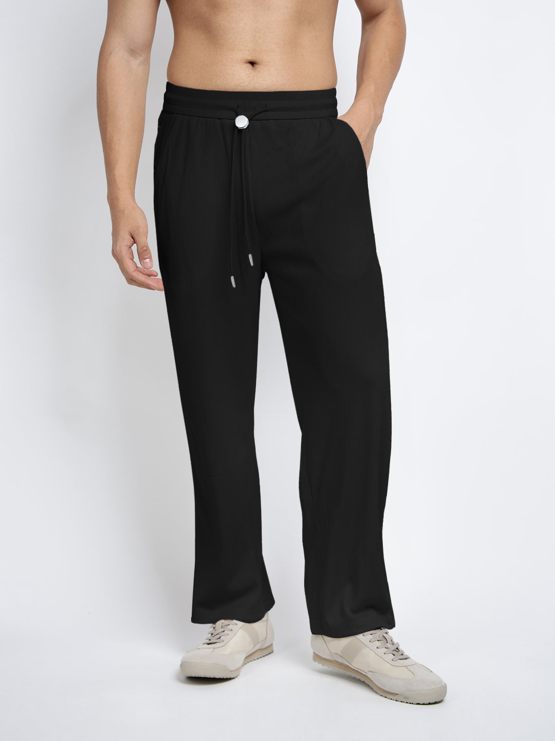Men's Black Elasticated Relaxed Fit Trousers with Drawstrings