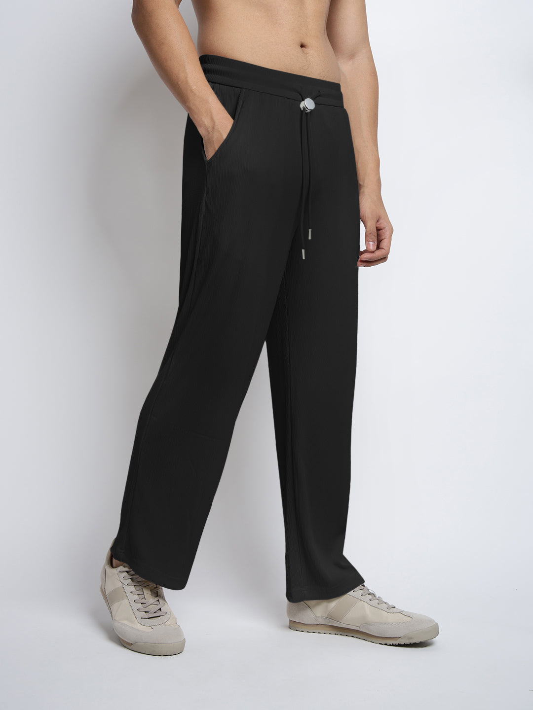 Men's Black Elasticated Relaxed Fit Trousers with Drawstrings