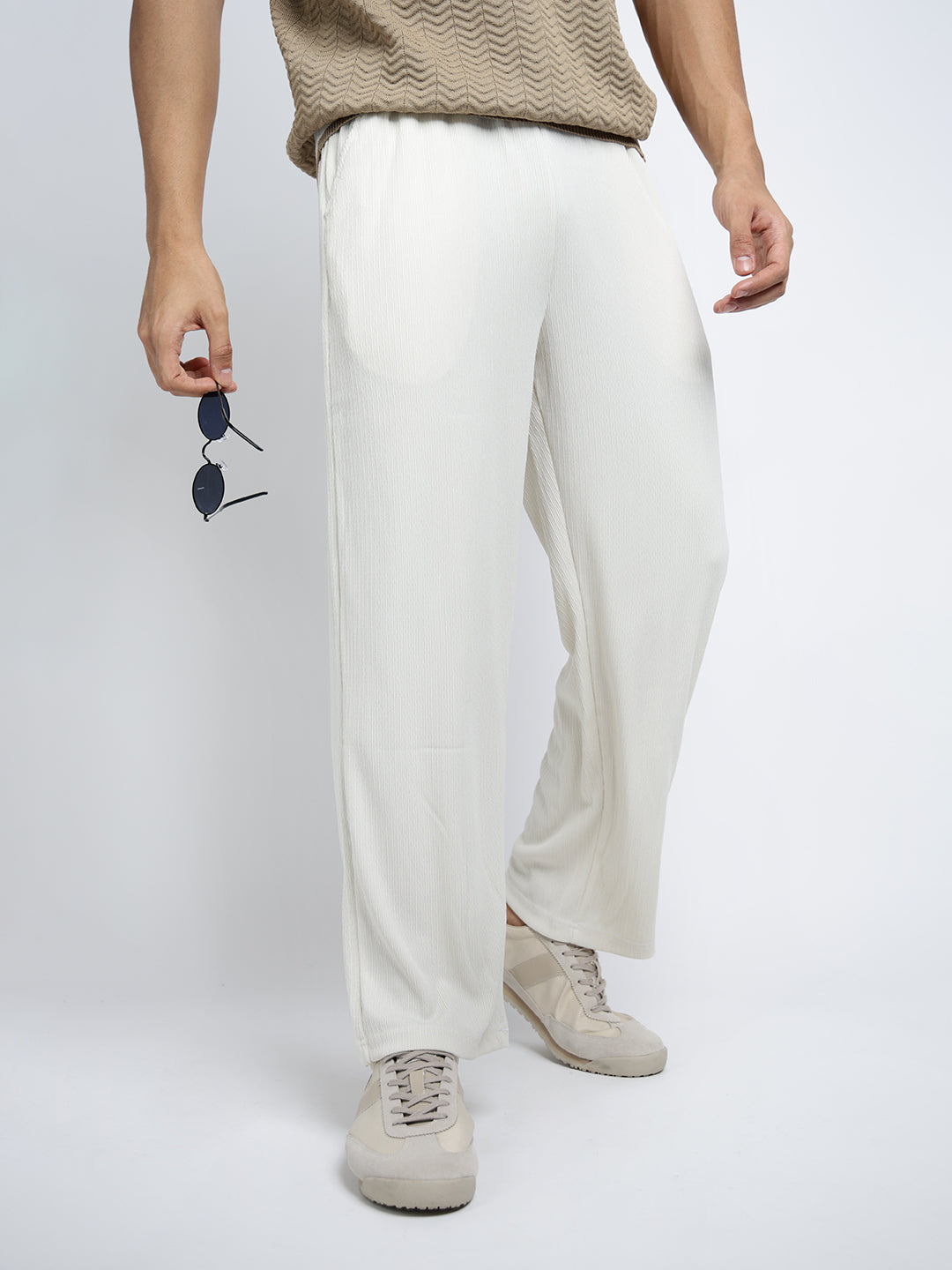 Men's Off White Elasticated Relaxed Fit Trousers with Drawstrings