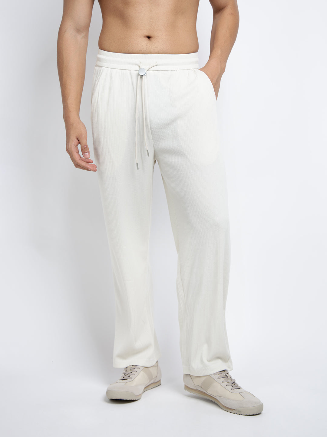 Men's Off White Elasticated Relaxed Fit Trousers with Drawstrings