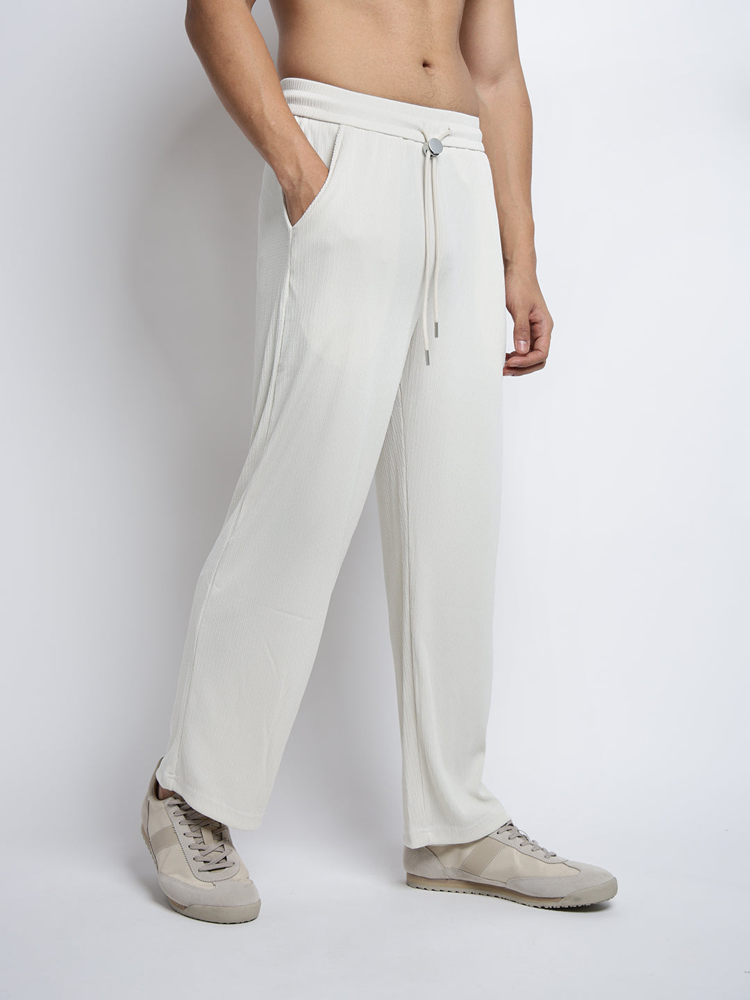 Men's Off White Elasticated Relaxed Fit Trousers with Drawstrings