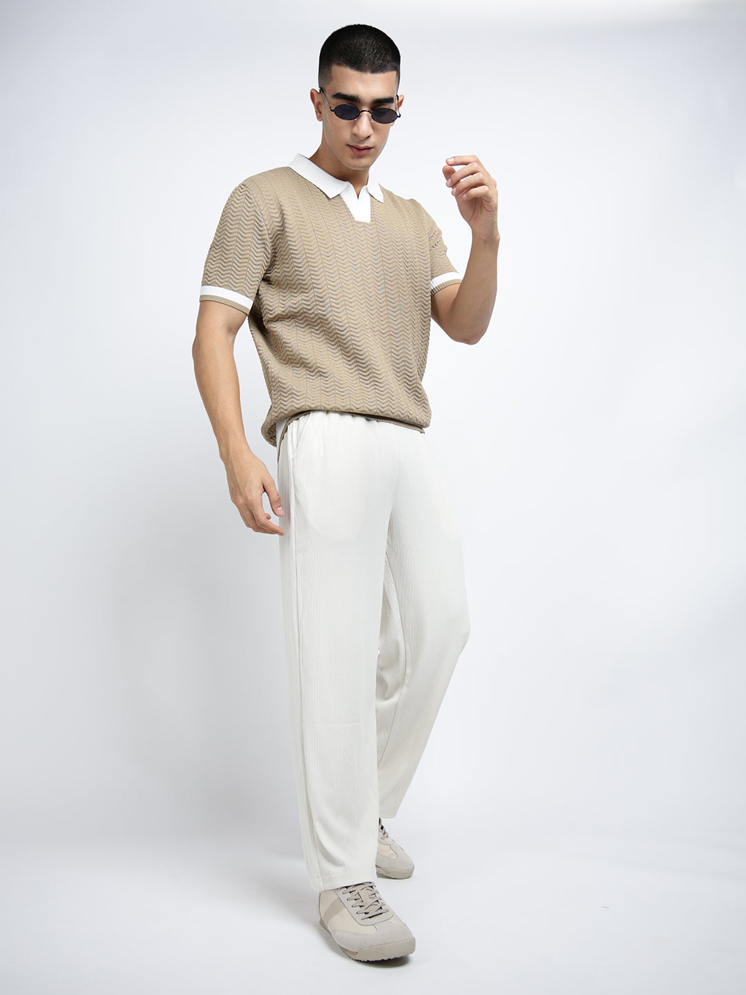 Men's Off White Elasticated Relaxed Fit Trousers with Drawstrings