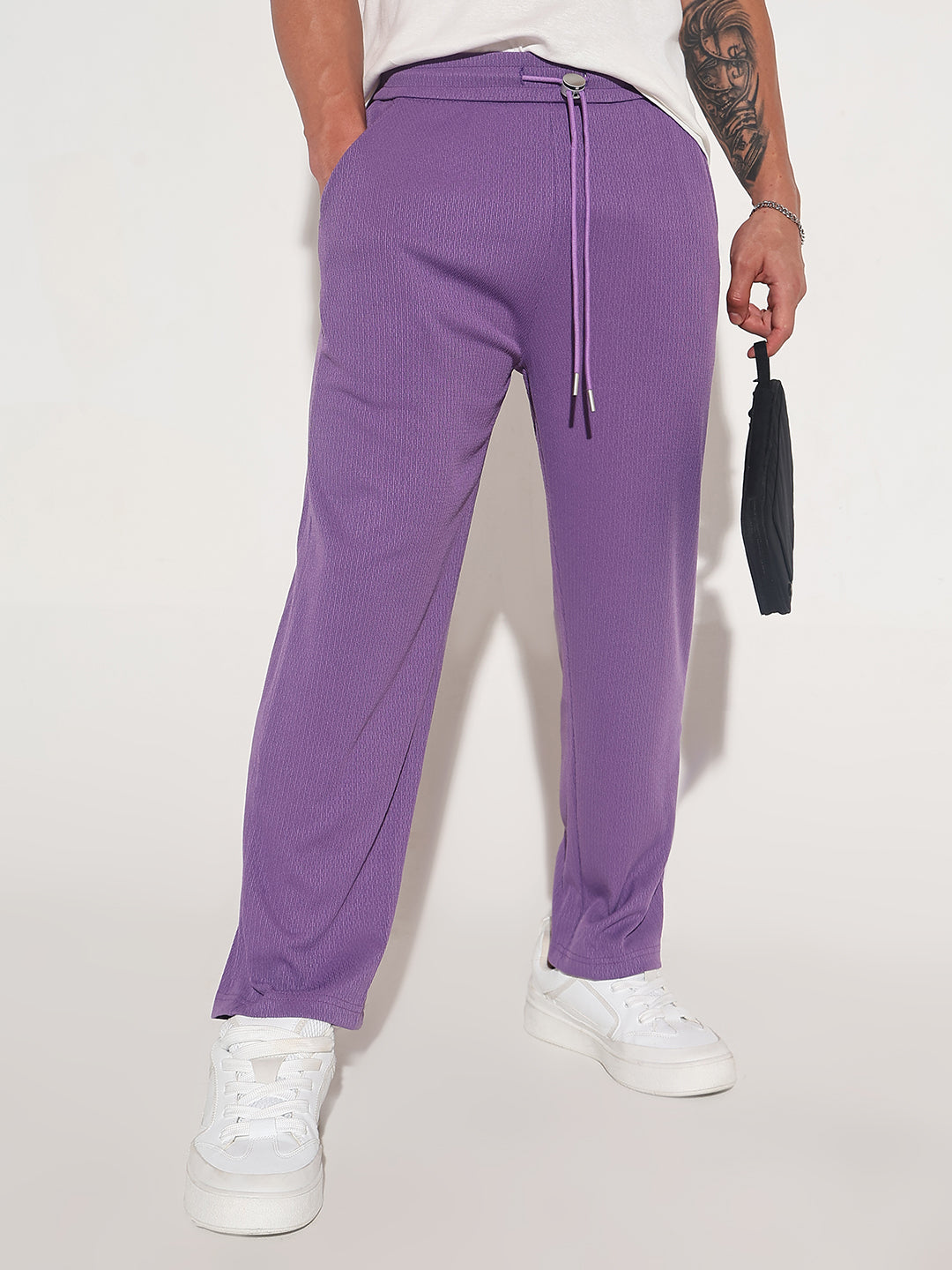 Men's Purple Elasticated Relaxed Fit Trousers with Drawstrings
