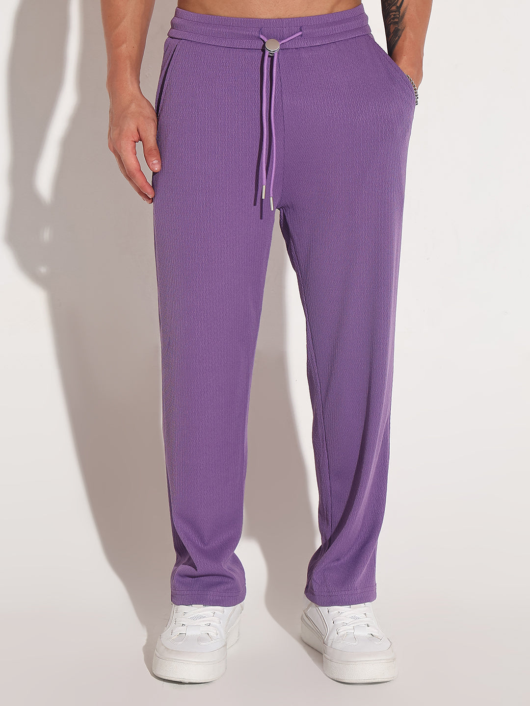 Men's Purple Elasticated Relaxed Fit Trousers with Drawstrings