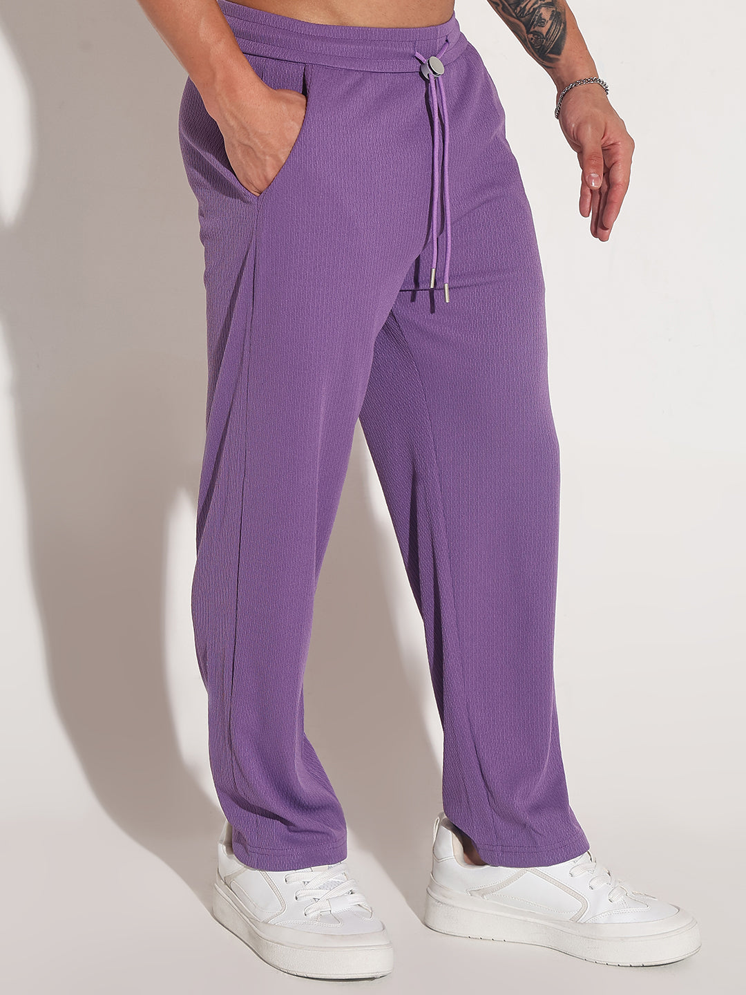 Men's Purple Elasticated Relaxed Fit Trousers with Drawstrings
