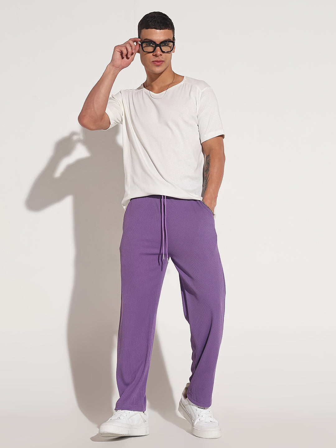 Men's Purple Elasticated Relaxed Fit Trousers with Drawstrings