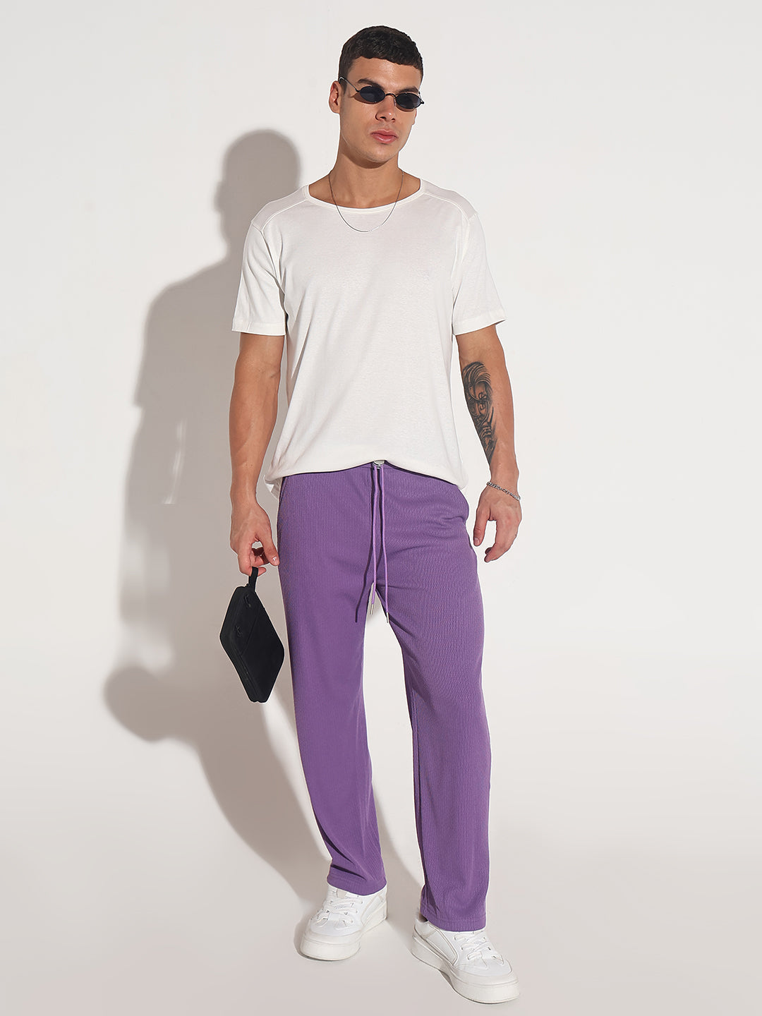 Men's Purple Elasticated Relaxed Fit Trousers with Drawstrings
