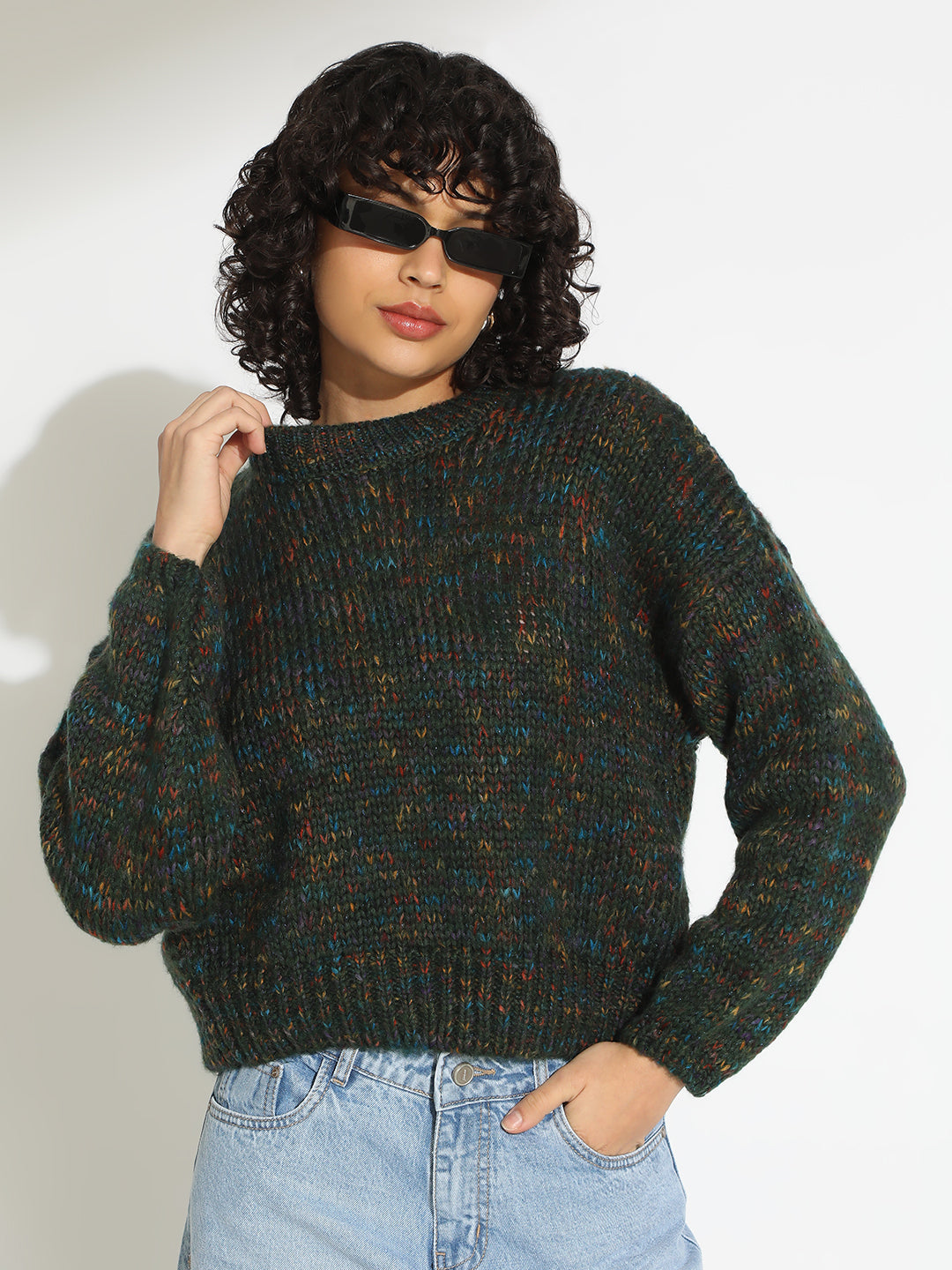 Women's Green Knitted Round Neck Pullover Top