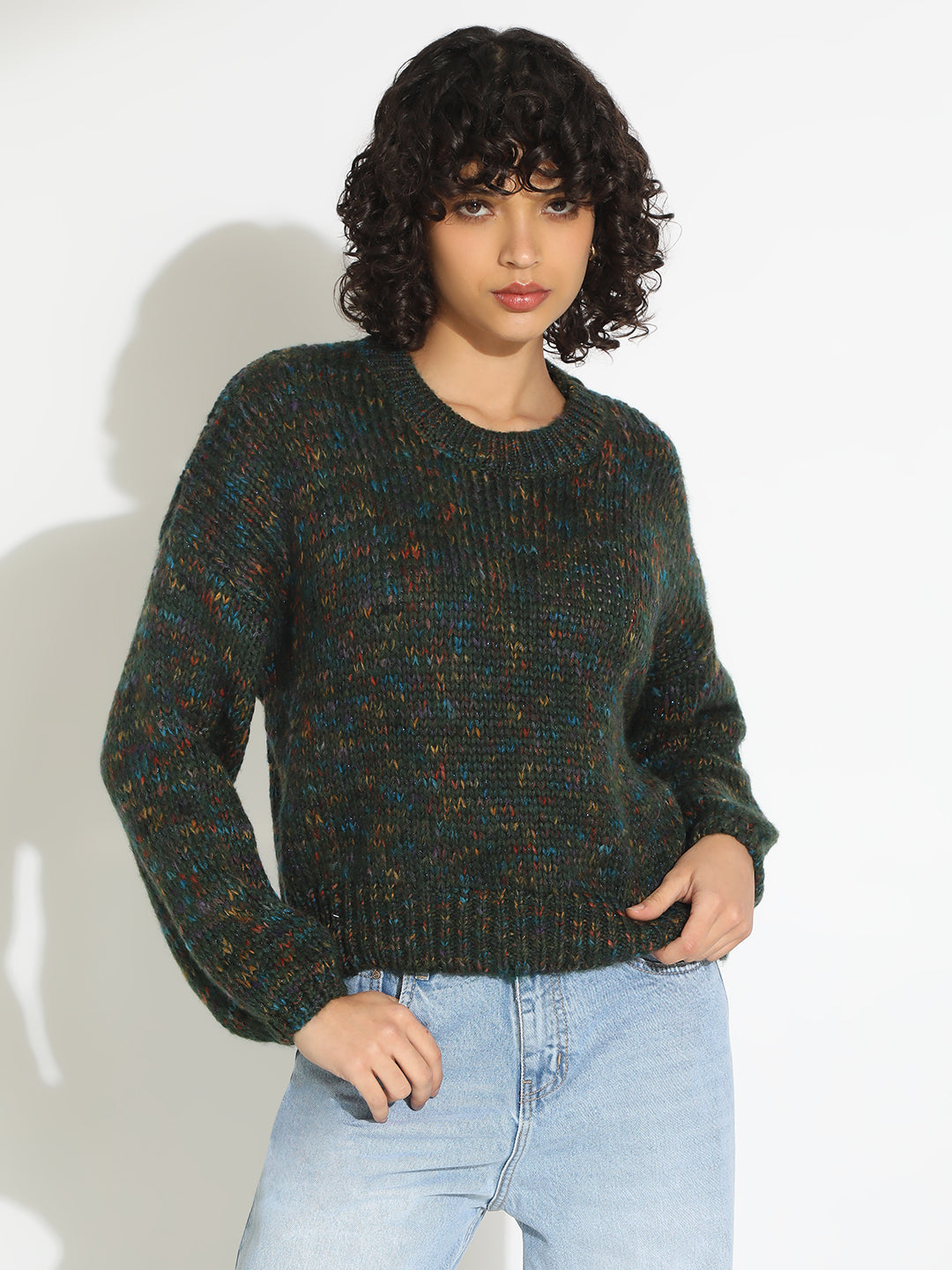 Women's Green Knitted Round Neck Pullover Top